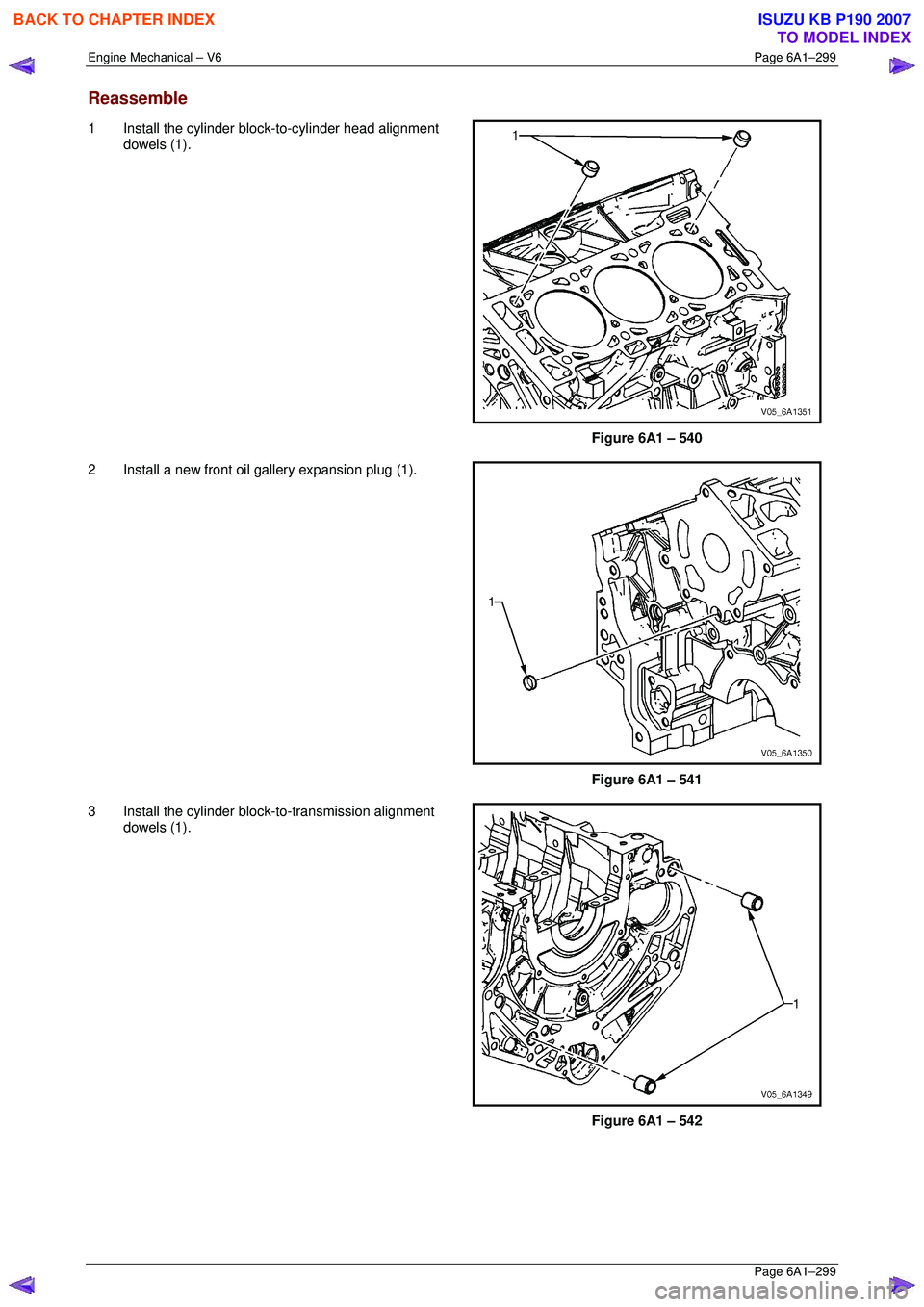 ISUZU KB P190 2007  Workshop Repair Manual Engine Mechanical – V6 Page 6A1–299 
 Page 6A1–299 
Reassemble 
1  Install the cylinder block-to-cylinder head alignment 
dowels (1). 
 
Figure 6A1 – 540 
2  Install a new front oil gallery ex