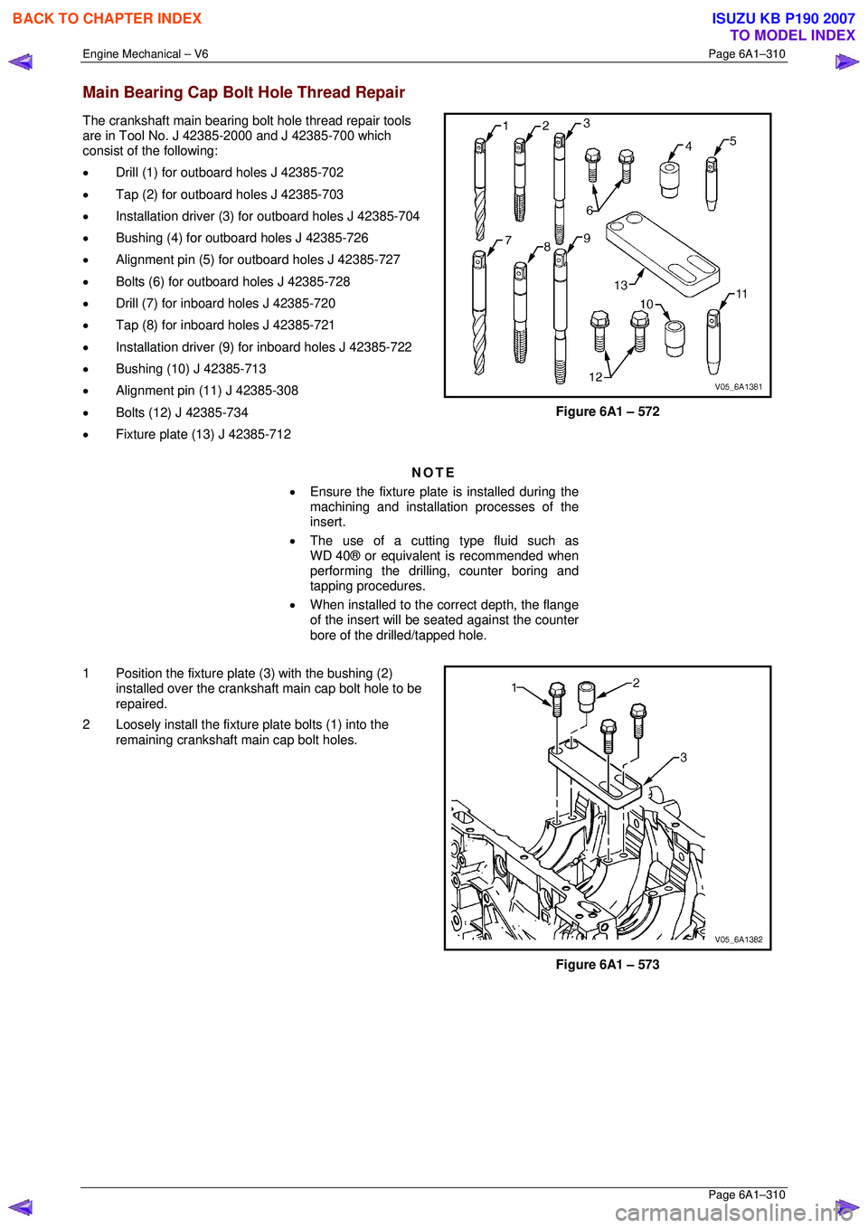ISUZU KB P190 2007  Workshop Repair Manual Engine Mechanical – V6 Page 6A1–310 
 Page 6A1–310 
Main Bearing Cap Bolt Hole Thread Repair 
The crankshaft main bearing bolt hole thread repair tools  
are in Tool No. J 42385-2000 and J 42385
