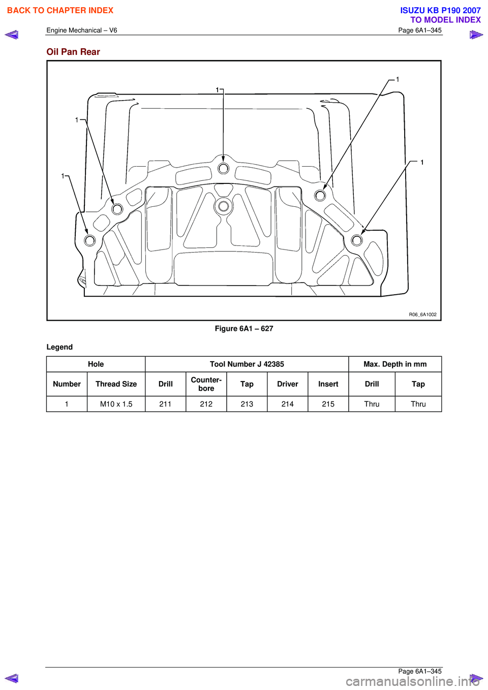 ISUZU KB P190 2007  Workshop Repair Manual Engine Mechanical – V6 Page 6A1–345 
 Page 6A1–345 
Oil Pan Rear 
 
Figure 6A1 – 627 
Legend  Hole  Tool Number J 42385  Max. Depth in mm 
Number Thread Size  Drill Counter-
bore  Tap Driver I