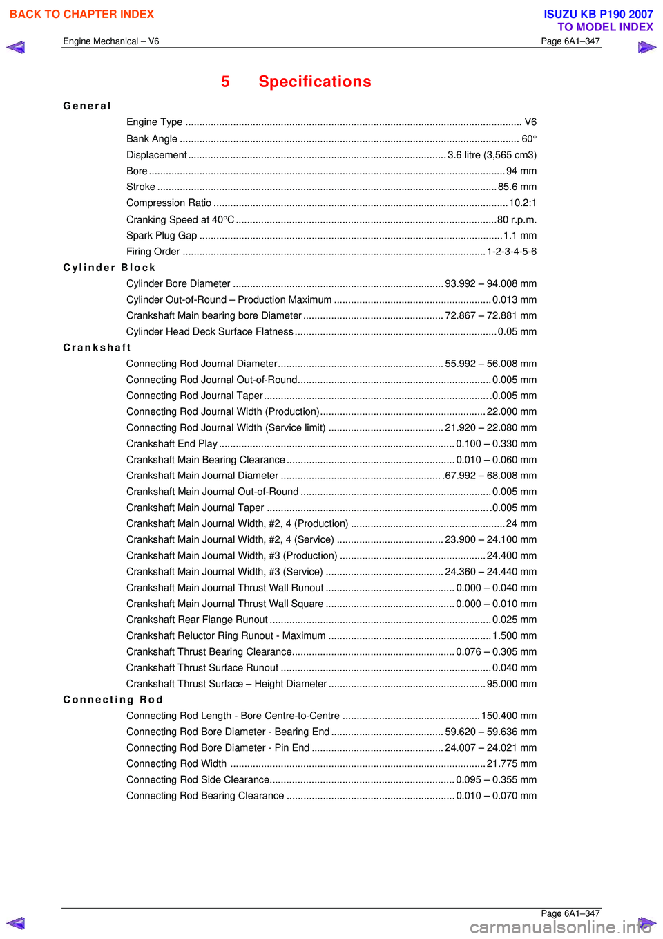 ISUZU KB P190 2007  Workshop Repair Manual Engine Mechanical – V6 Page 6A1–347 
 Page 6A1–347 
5 Specifications 
General 
Engine Type .......................................................................................................