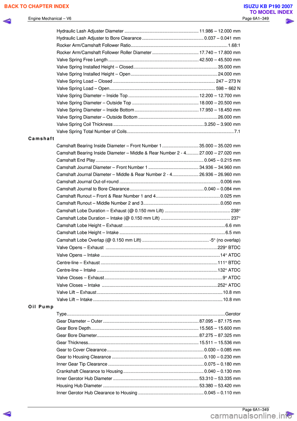 ISUZU KB P190 2007 Workshop Repair Manual Engine Mechanical – V6 Page 6A1–349
Page 6A1–349
Hydraulic Lash Adjuster Diameter ........................................................... 11.986 – 12.000 mm
Hydraulic Lash Adjuster to ISUZU KB P190 2007 Workshop Repair Manual Engine Mechanical – V6 Page 6A1–349
Page 6A1–349
Hydraulic Lash Adjuster Diameter ........................................................... 11.986 – 12.000 mm
Hydraulic Lash Adjuster to