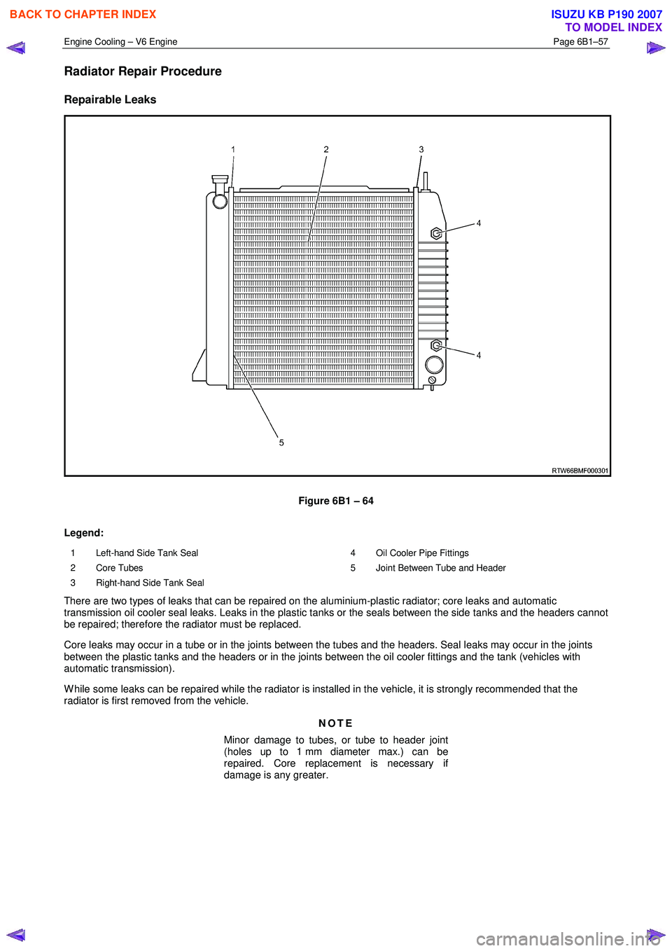 ISUZU KB P190 2007 Workshop Repair Manual Engine Cooling – V6 Engine Page 6B1–57
Radiator Repair Procedure
Repairable Leaks
Figure 6B1 – 64
Legend:
1 Left-hand Side Tank Seal
2 Core Tubes
3 Right-hand Side Tank Seal 4 O ISUZU KB P190 2007 Workshop Repair Manual Engine Cooling – V6 Engine Page 6B1–57
Radiator Repair Procedure
Repairable Leaks
Figure 6B1 – 64
Legend:
1 Left-hand Side Tank Seal
2 Core Tubes
3 Right-hand Side Tank Seal 4 O