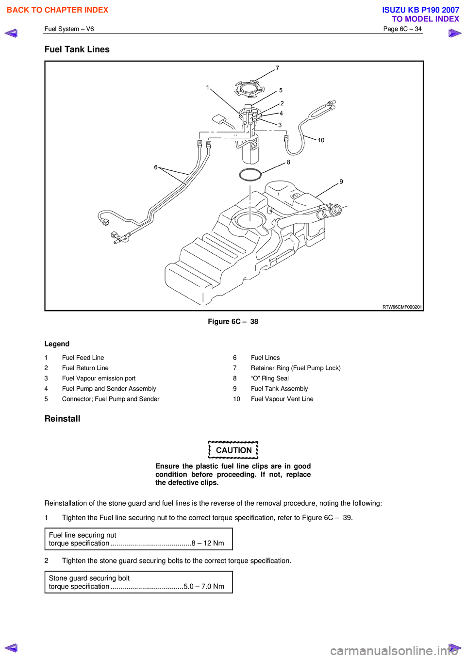 ISUZU KB P190 2007  Workshop Repair Manual Fuel System – V6 Page 6C – 34 
 
Fuel Tank Lines 
 
Figure 6C –  38 
Legend 
1  Fuel Feed Line  
2  Fuel Return Line 
3  Fuel Vapour emission port 
4  Fuel Pump and Sender Assembly 
5  Connector