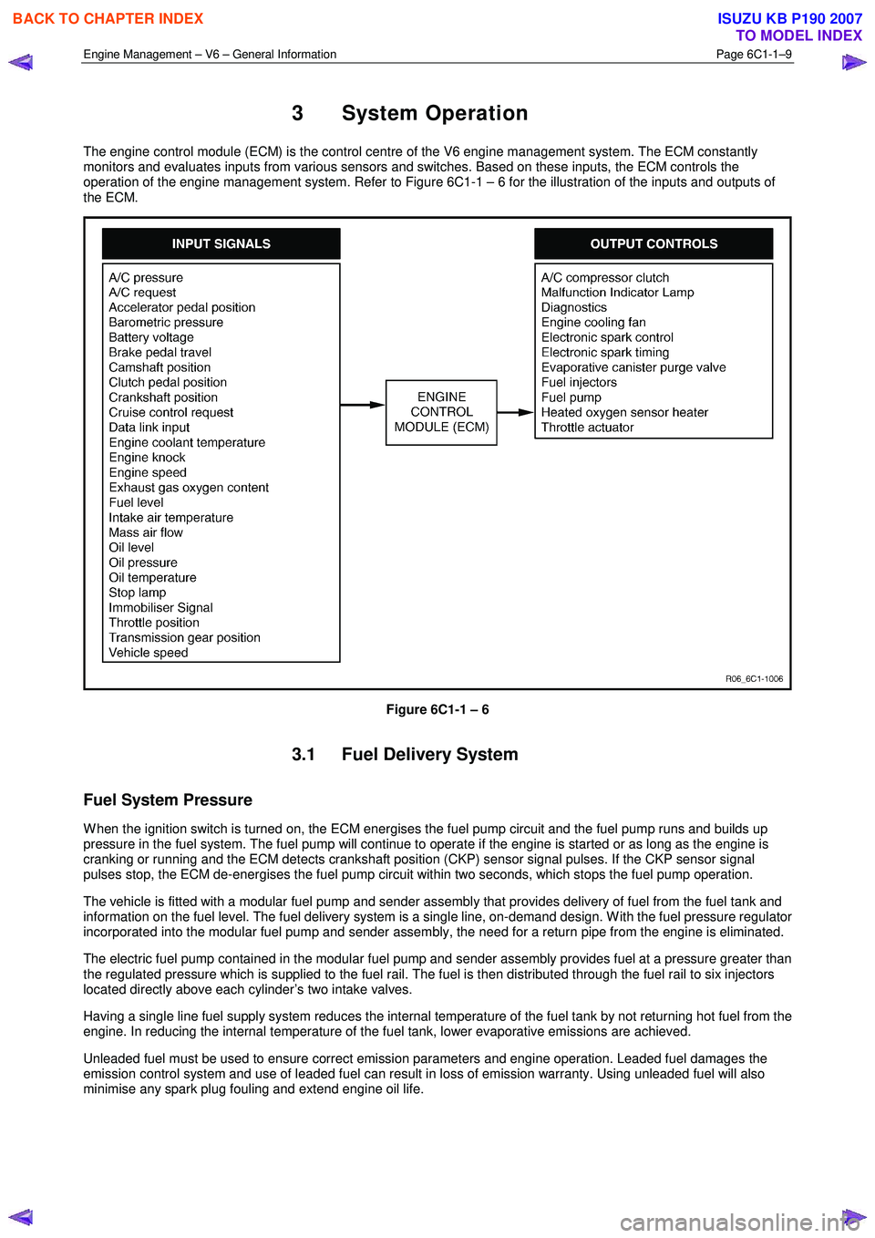 ISUZU KB P190 2007  Workshop Repair Manual Engine Management – V6 – General Information Page 6C1-1–9 
 
3 System Operation 
The engine control module (ECM) is the control centre of the V6 engine management system. The ECM constantly  
mo