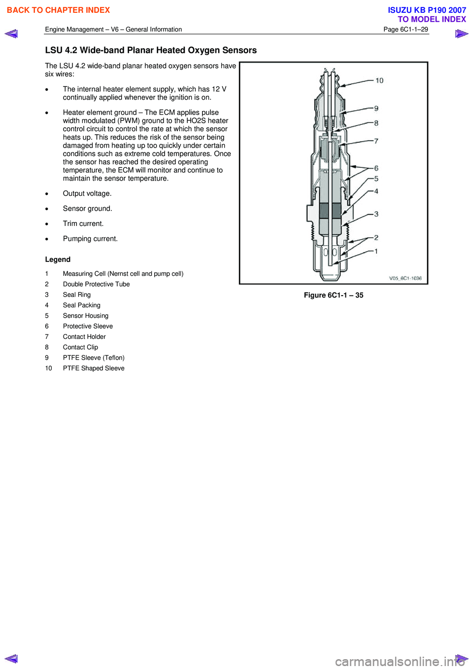 ISUZU KB P190 2007  Workshop Repair Manual Engine Management – V6 – General Information Page 6C1-1–29 
 
LSU 4.2 Wide-band Planar Heated Oxygen Sensors 
The LSU 4.2 wide-band planar heated oxygen sensors have  
six wires:  
•  The inte