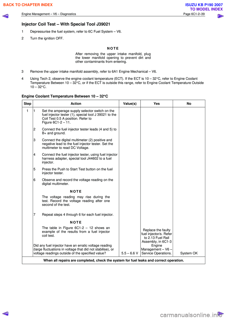 ISUZU KB P190 2007  Workshop Repair Manual Engine Management – V6 – Diagnostics Page 6C1-2–39 
 
Injector Coil Test – With Special Tool J39021 
1  Depressurise the fuel system, refer to 6C Fuel System – V6.  
2  Turn the ignition OFF
