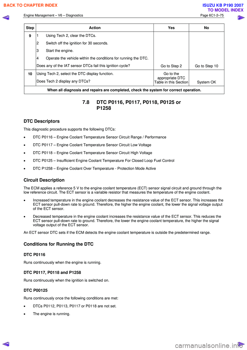 ISUZU KB P190 2007  Workshop Repair Manual Engine Management – V6 – Diagnostics Page 6C1-2–75 
 
Step Action  Yes No 
9 1  Using Tech 2, clear the DTCs.  
2  Switch off the ignition for 30 seconds. 
3  Start the engine. 
4  Operate the v