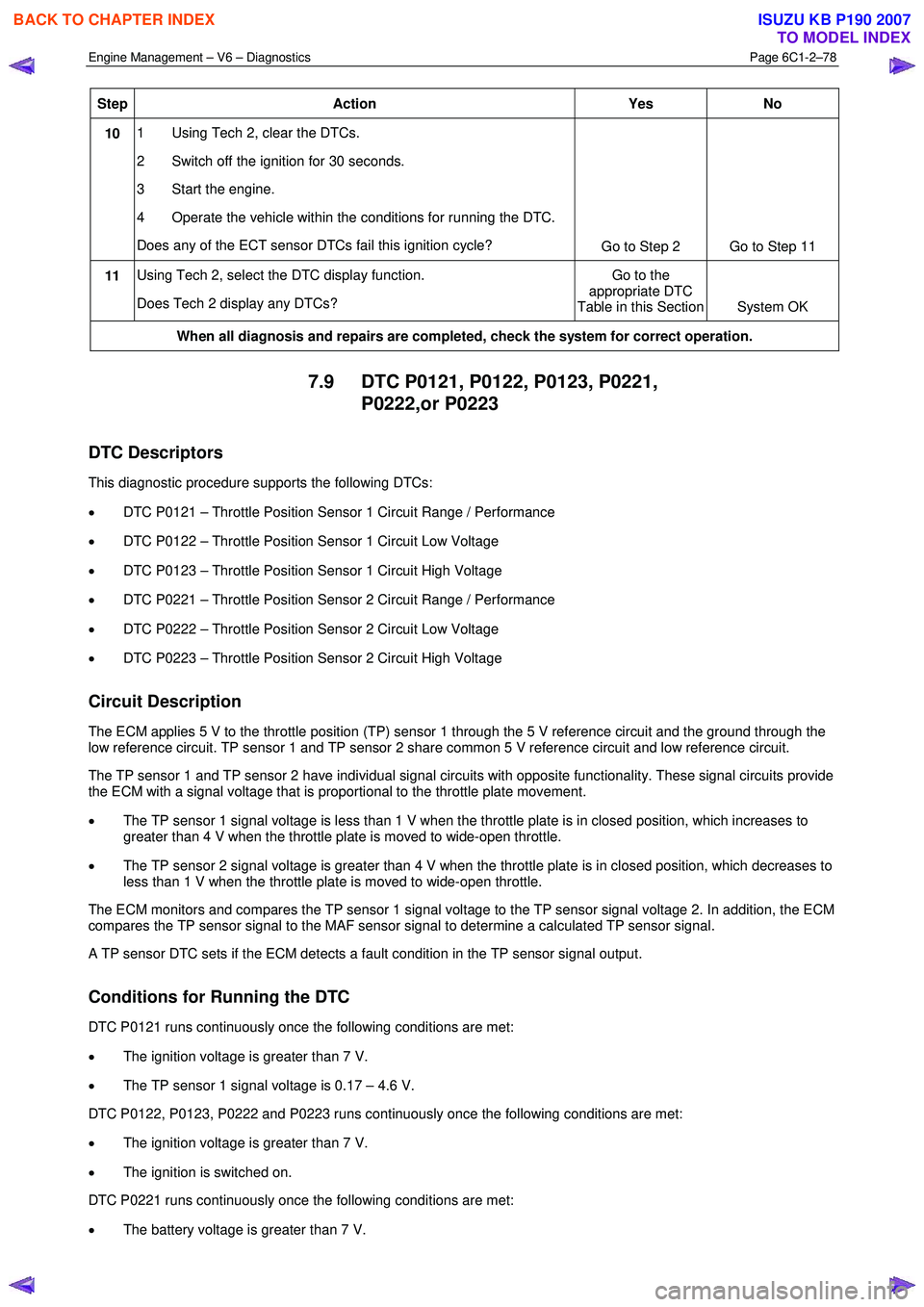 ISUZU KB P190 2007  Workshop Repair Manual Engine Management – V6 – Diagnostics Page 6C1-2–78 
 
Step Action  Yes No 
10 1  Using Tech 2, clear the DTCs.  
2  Switch off the ignition for 30 seconds. 
3  Start the engine. 
4  Operate the 