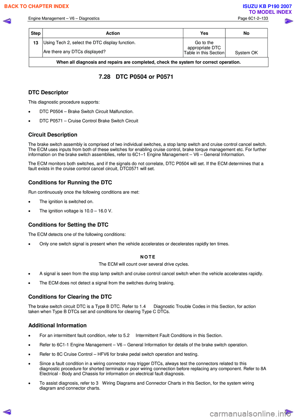 ISUZU KB P190 2007  Workshop Repair Manual Engine Management – V6 – Diagnostics Page 6C1-2–133 
 
Step Action  Yes No 
13 Using Tech 2, select the DTC display function.  
Are there any DTCs displayed?  Go to the 
appropriate DTC 
Table i