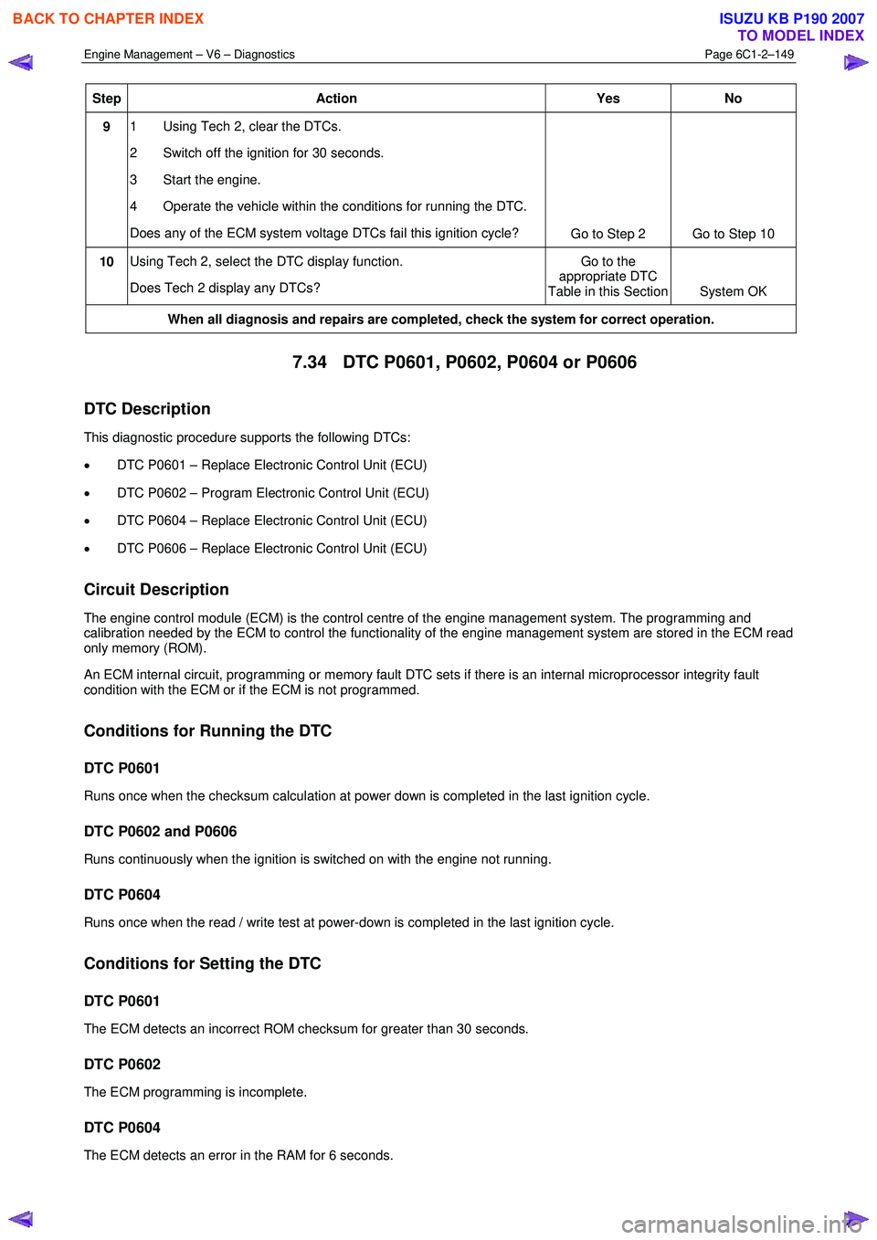 ISUZU KB P190 2007 Workshop Repair Manual Engine Management – V6 – Diagnostics Page 6C1-2–149
Step Action Yes
No
9 1 Using Tech 2, clear the DTCs.
2 Switch off the ignition for 30 seconds.
3 Start the engine.
4 Operate the ISUZU KB P190 2007 Workshop Repair Manual Engine Management – V6 – Diagnostics Page 6C1-2–149
Step Action Yes
No
9 1 Using Tech 2, clear the DTCs.
2 Switch off the ignition for 30 seconds.
3 Start the engine.
4 Operate the