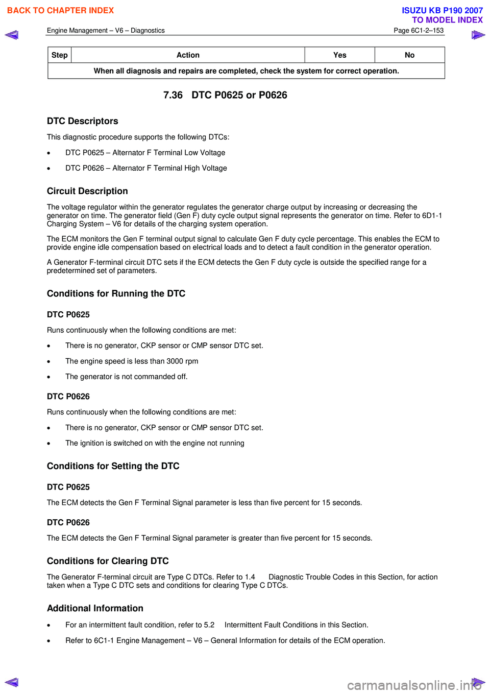ISUZU KB P190 2007  Workshop Repair Manual Engine Management – V6 – Diagnostics Page 6C1-2–153 
 
Step Action  Yes No 
When all diagnosis and repairs are completed, check the system for correct operation. 
7.36  DTC P0625 or P0626 
DTC D