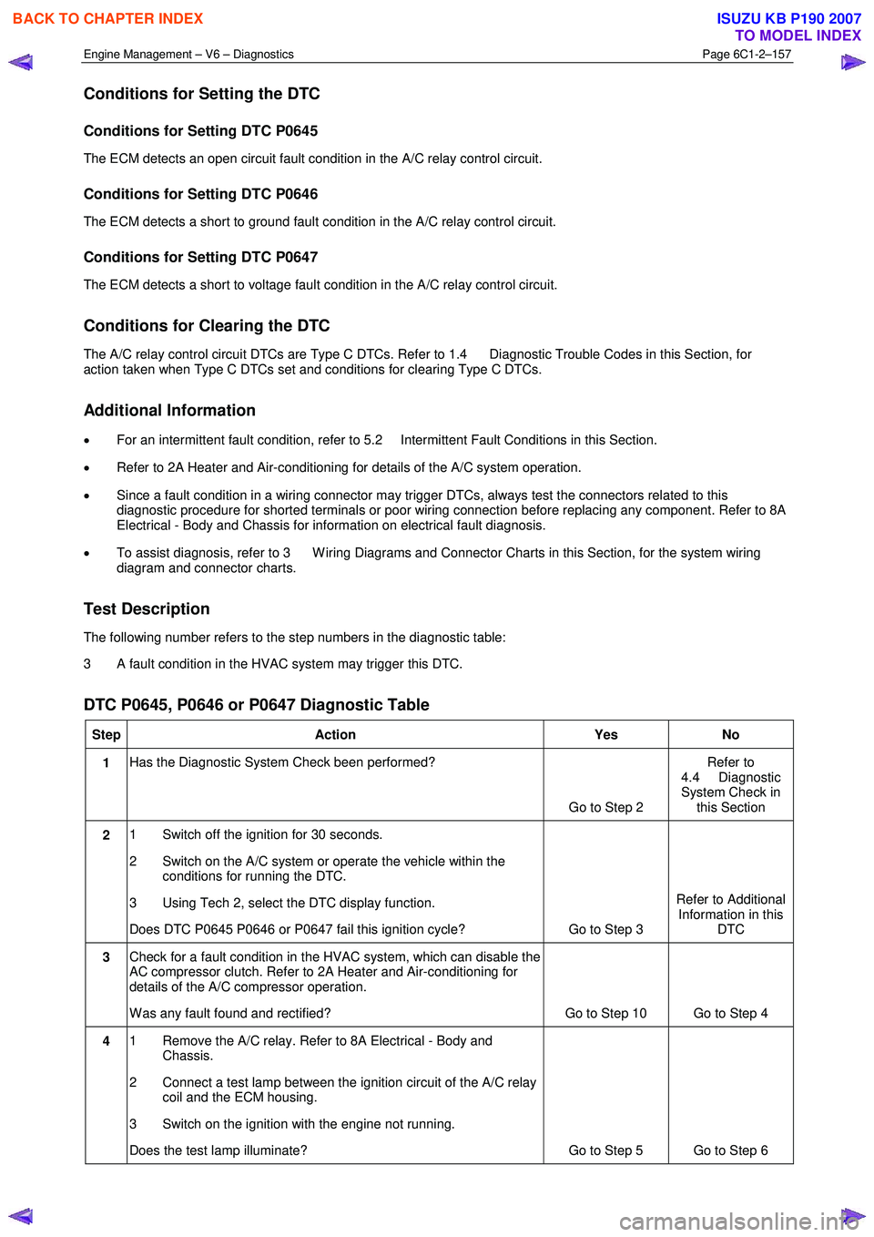 ISUZU KB P190 2007  Workshop Repair Manual Engine Management – V6 – Diagnostics Page 6C1-2–157 
 
Conditions for Setting the DTC 
Conditions for Setting DTC P0645 
The ECM detects an open circuit fault condition in the A/C relay control 