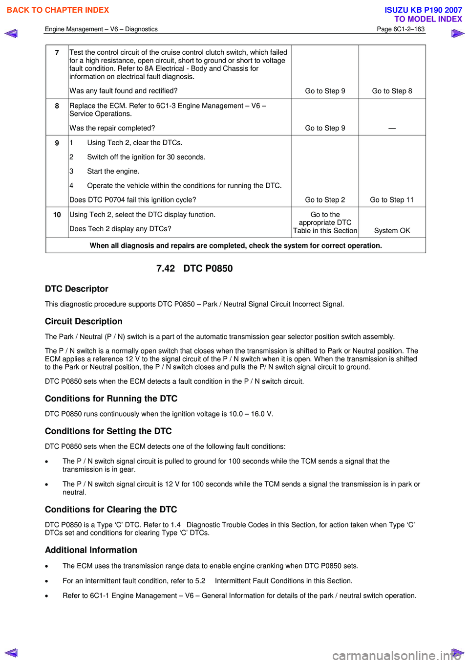 ISUZU KB P190 2007  Workshop Repair Manual Engine Management – V6 – Diagnostics Page 6C1-2–163 
 
7 Test the control circuit of the cruise control clutch switch, which failed  
for a high resistance, open circuit, short to ground or shor