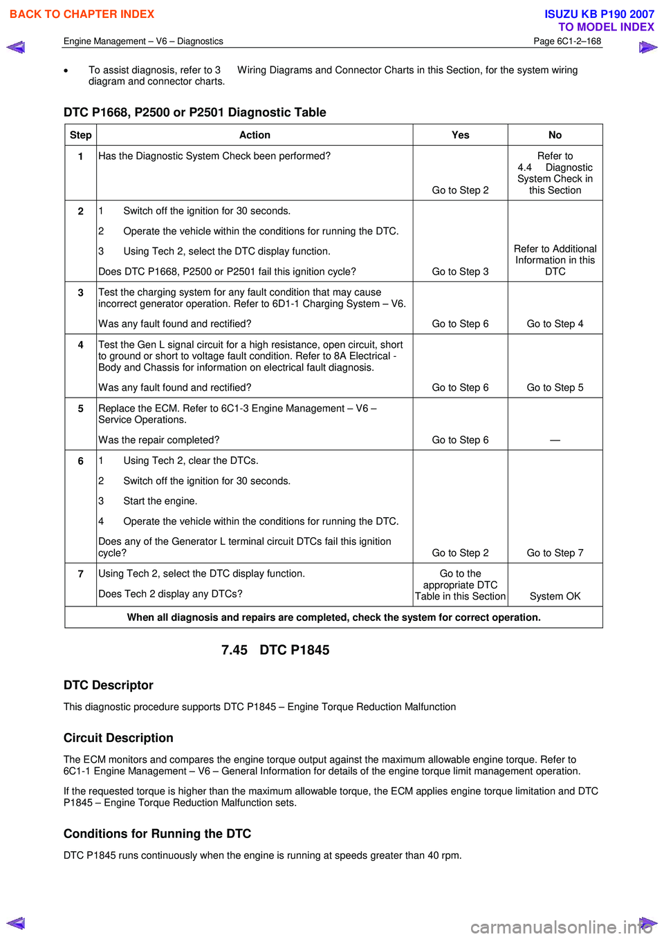 ISUZU KB P190 2007  Workshop Repair Manual Engine Management – V6 – Diagnostics Page 6C1-2–168 
 
• To assist diagnosis, refer to 3  W iring Diagrams and Connector Charts in this Section, for the system wiring  
diagram and connector c