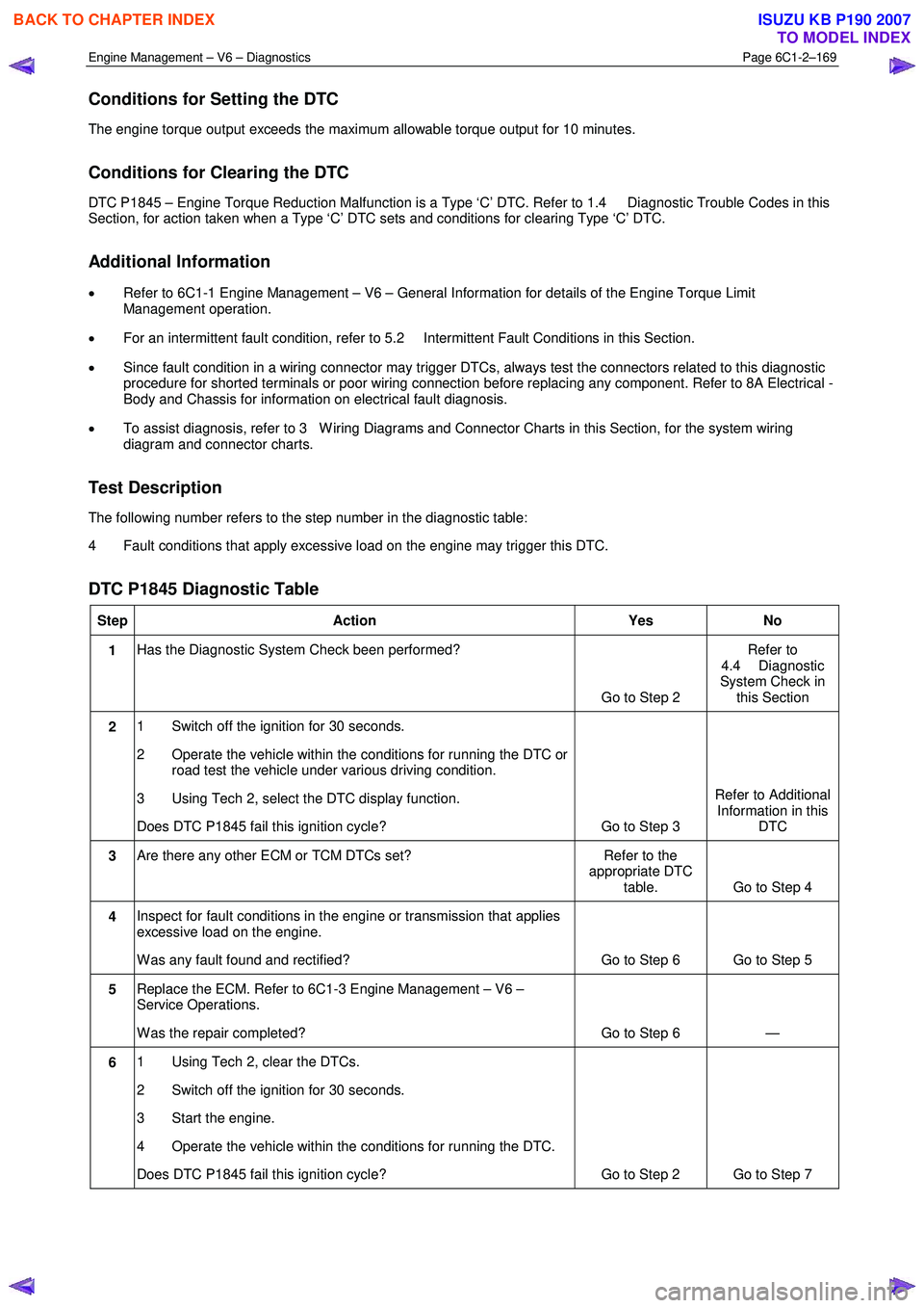 ISUZU KB P190 2007  Workshop Repair Manual Engine Management – V6 – Diagnostics Page 6C1-2–169 
 
Conditions for Setting the DTC 
The engine torque output exceeds the maximum allowable torque output for 10 minutes. 
Conditions for Cleari