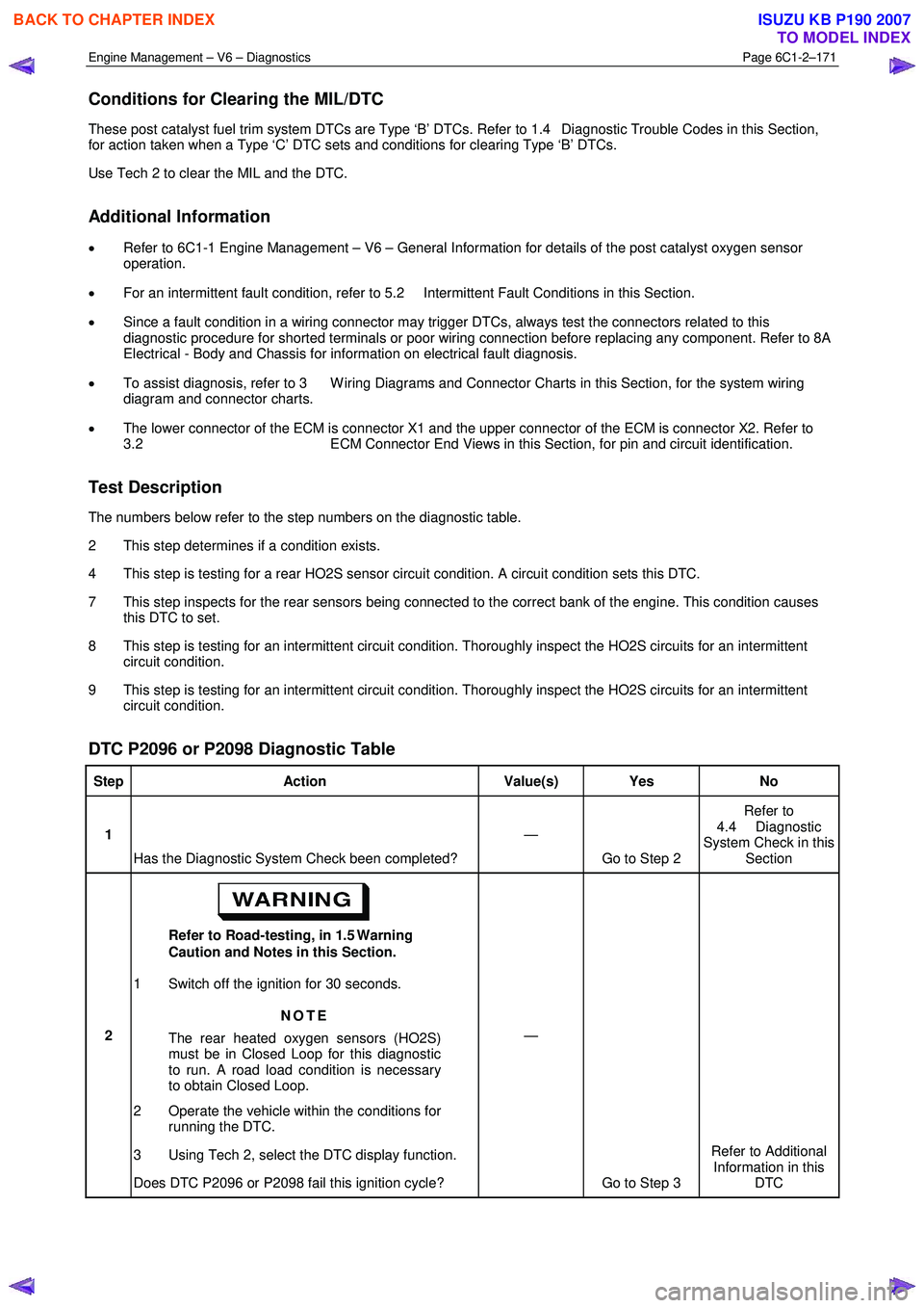 ISUZU KB P190 2007  Workshop Repair Manual Engine Management – V6 – Diagnostics Page 6C1-2–171 
 
Conditions for Clearing the MIL/DTC 
These post catalyst fuel trim system DTCs are Type ‘B’ DTCs. Refer to 1.4  Diagnostic Trouble Code