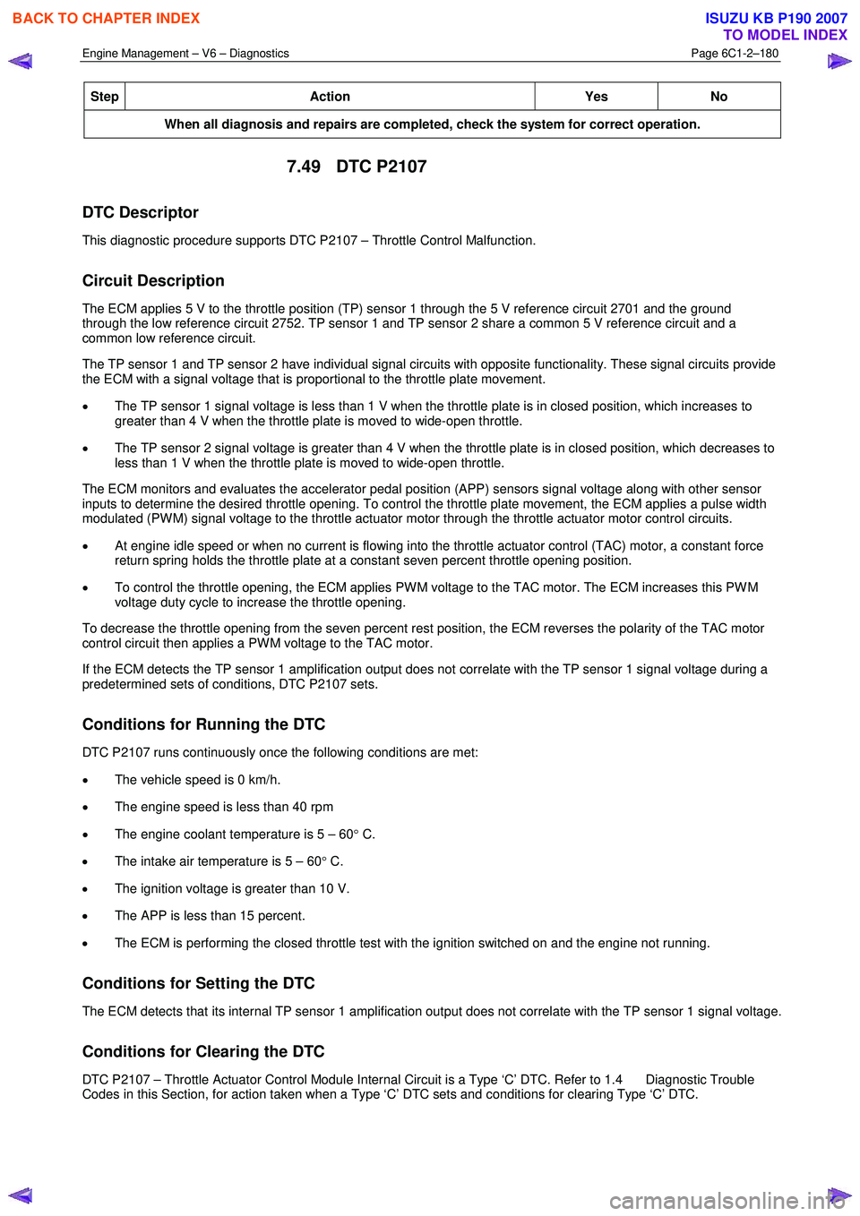 ISUZU KB P190 2007  Workshop Repair Manual Engine Management – V6 – Diagnostics Page 6C1-2–180 
 
Step Action  Yes 
No 
When all diagnosis and repairs are completed, check the system for correct operation. 
7.49 DTC P2107 
DTC Descriptor
