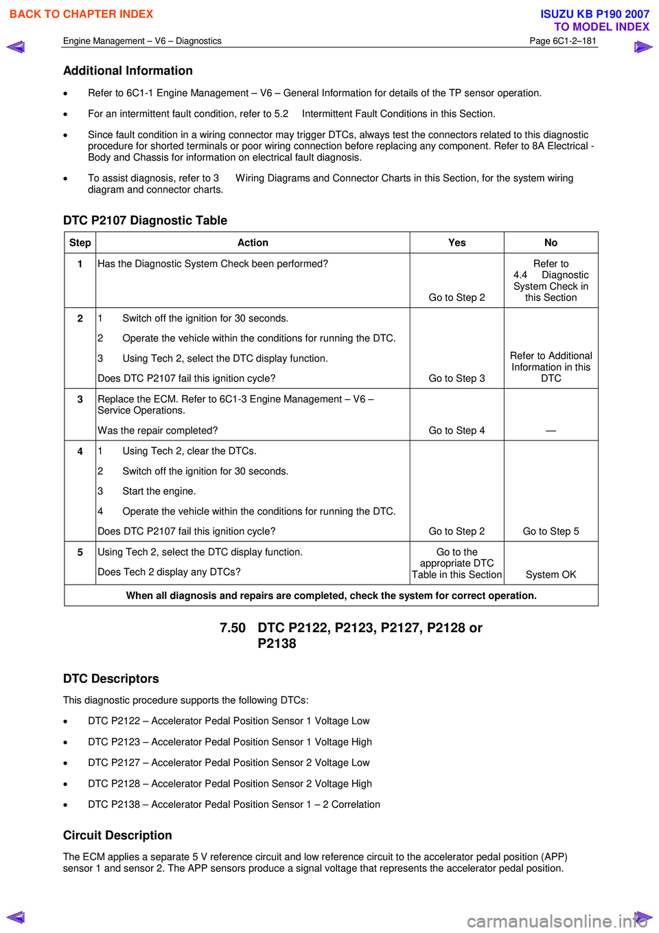 ISUZU KB P190 2007  Workshop Repair Manual Engine Management – V6 – Diagnostics Page 6C1-2–181 
 
Additional Information 
• Refer to 6C1-1 Engine Management – V6 – General Information for details of the TP sensor operation. 
•  F