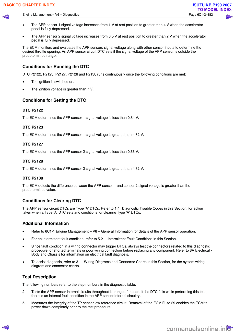 ISUZU KB P190 2007  Workshop Repair Manual Engine Management – V6 – Diagnostics Page 6C1-2–182 
 
• The APP sensor 1 signal voltage increases from 1 V at rest position to greater than 4 V when the accelerator  
pedal is fully depressed