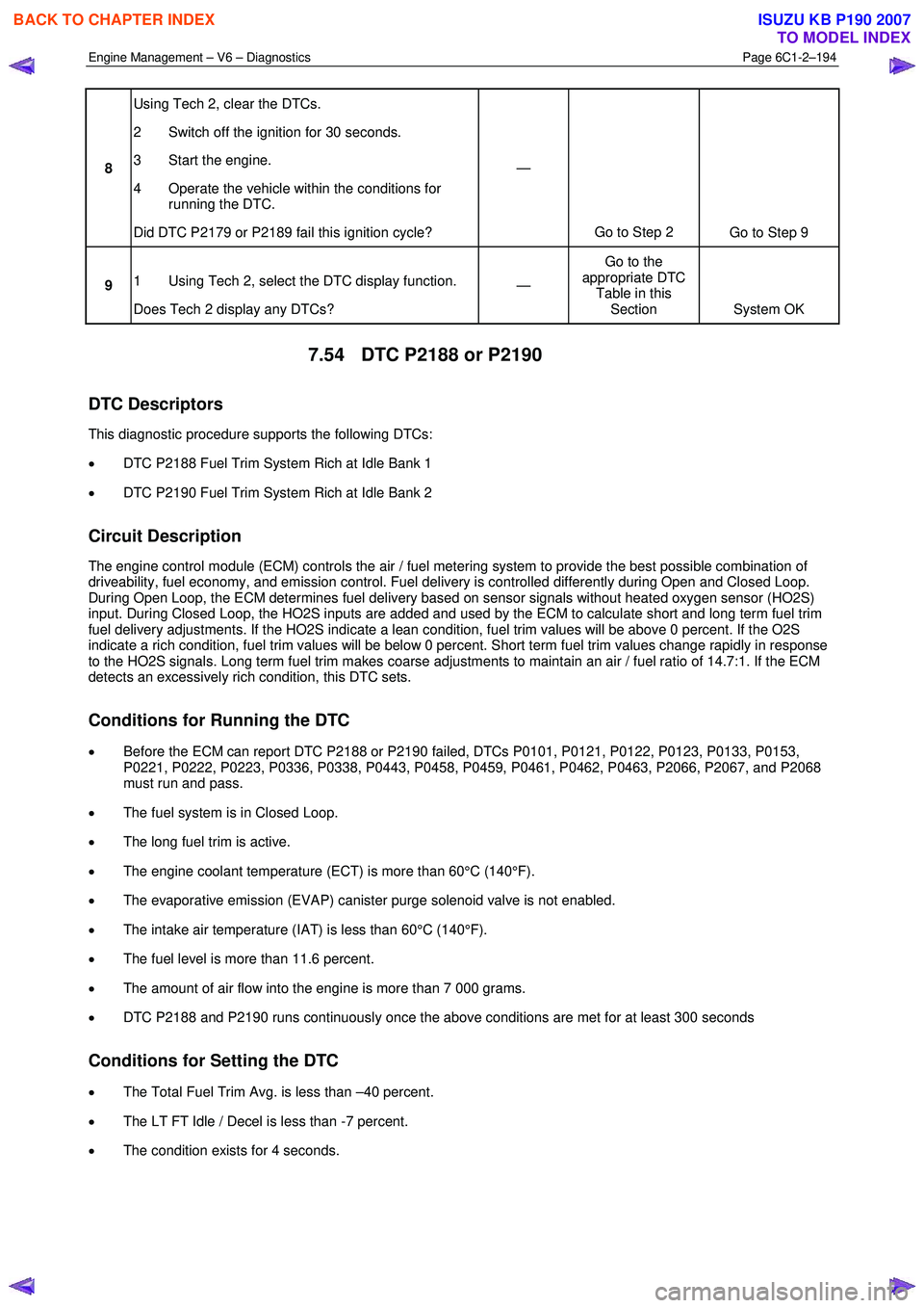 ISUZU KB P190 2007  Workshop Repair Manual Engine Management – V6 – Diagnostics Page 6C1-2–194 
 
8 Using Tech 2, clear the DTCs.  
2  Switch off the ignition for 30 seconds. 
3  Start the engine. 
4  Operate the vehicle within the condi
