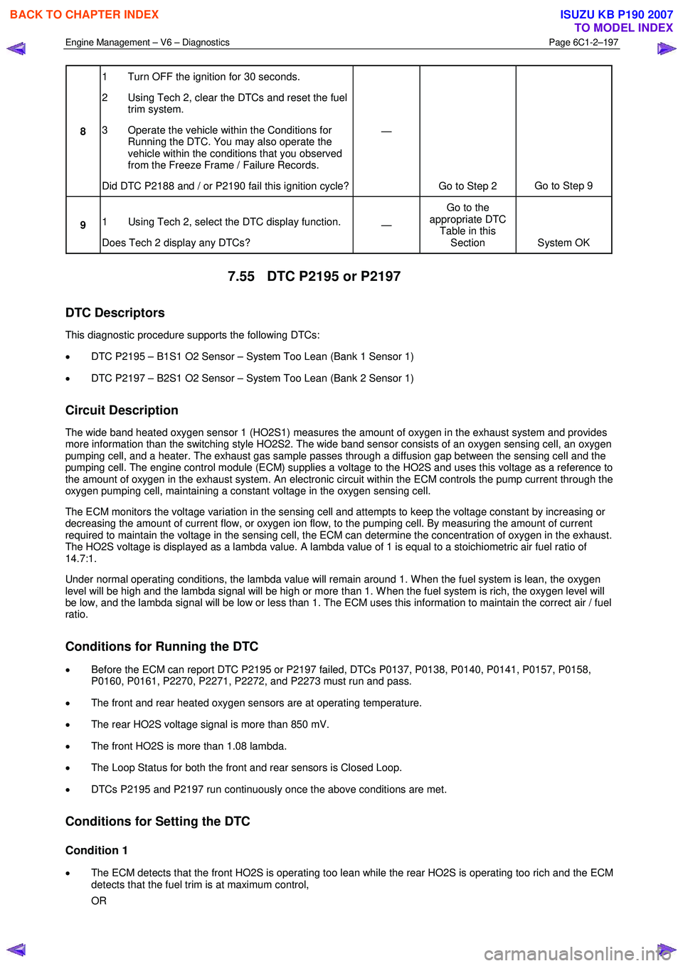 ISUZU KB P190 2007  Workshop Repair Manual Engine Management – V6 – Diagnostics Page 6C1-2–197 
 
8 1  Turn OFF the ignition for 30 seconds.  
2  Using Tech 2, clear the DTCs and reset the fuel  trim system. 
3  Operate the vehicle withi