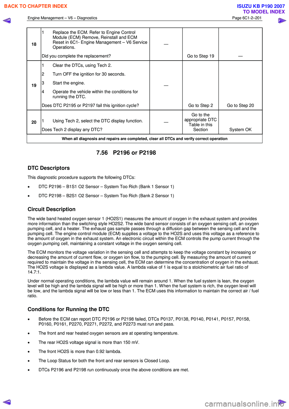 ISUZU KB P190 2007  Workshop Repair Manual Engine Management – V6 – Diagnostics Page 6C1-2–201 
 
18 1  Replace the ECM. Refer to Engine Control 
Module (ECM) Remove, Reinstall and ECM  
Reset in 6C1- Engine Management – V6 Service 
Op