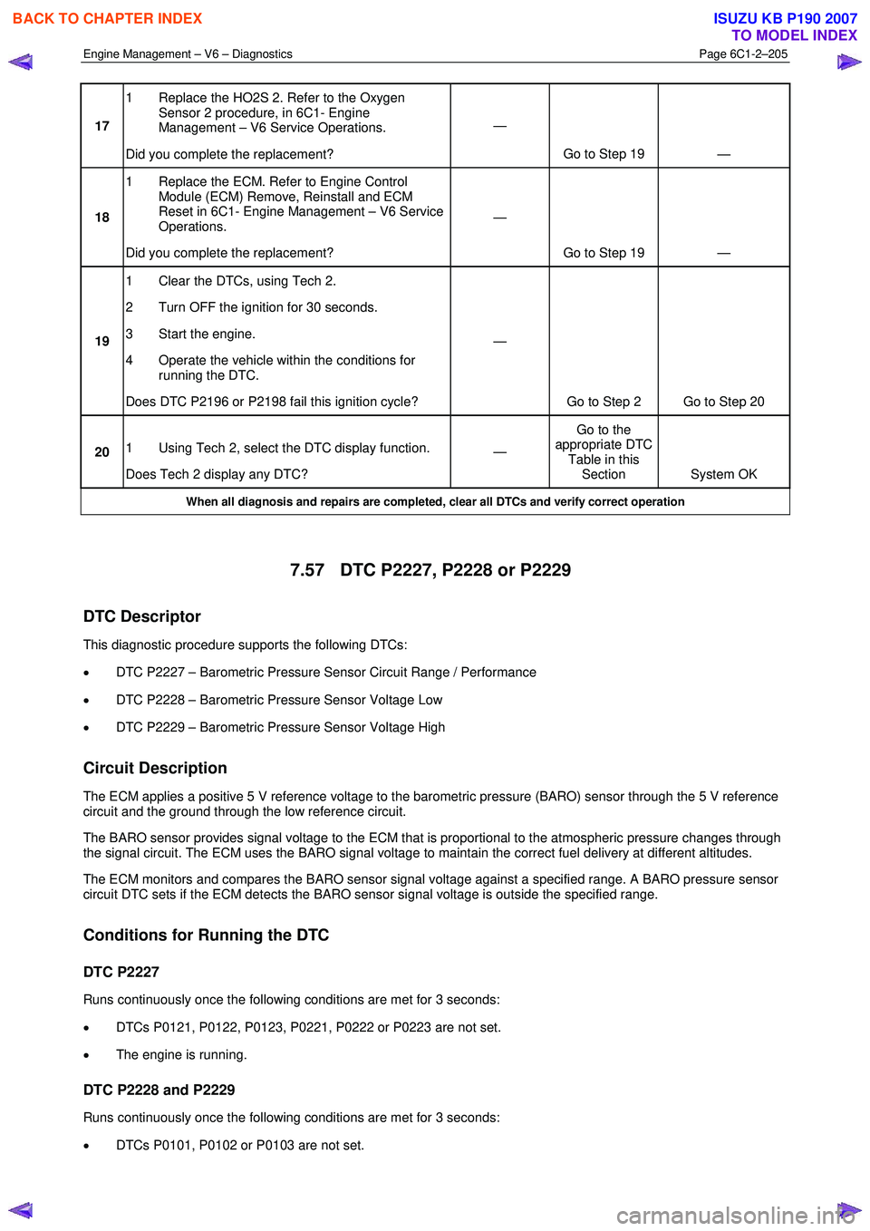 ISUZU KB P190 2007  Workshop Repair Manual Engine Management – V6 – Diagnostics Page 6C1-2–205 
 
17 1  Replace the HO2S 2. Refer to the Oxygen 
Sensor 2 procedure, in 6C1- Engine  
Management – V6 Service Operations. 
Did you complete