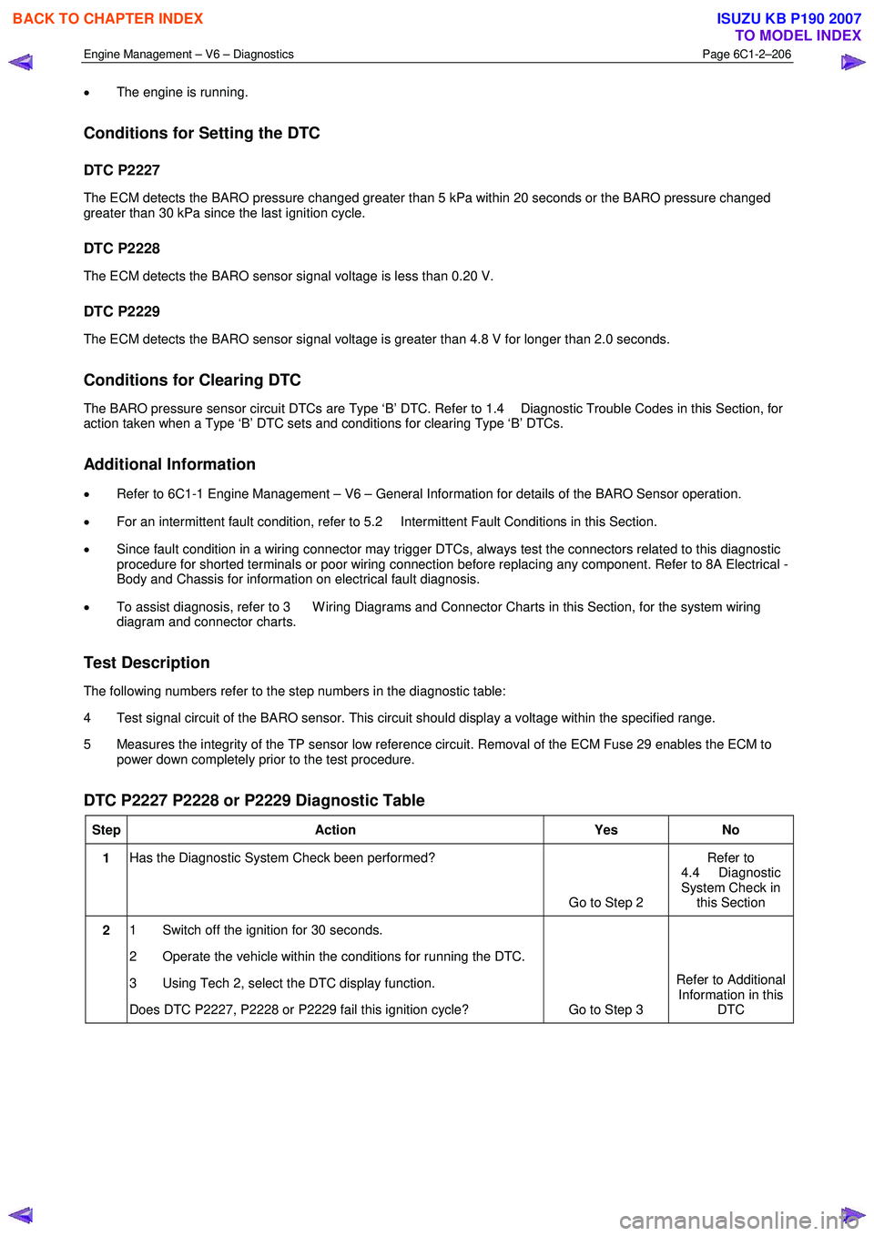 ISUZU KB P190 2007  Workshop Repair Manual Engine Management – V6 – Diagnostics Page 6C1-2–206 
 
• The engine is running. 
Conditions for Setting the DTC 
DTC P2227 
The ECM detects the BARO pressure changed greater than 5 kPa within 
