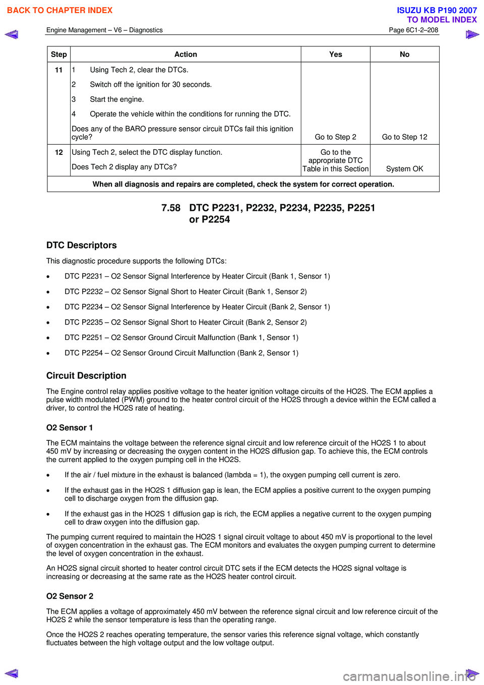 ISUZU KB P190 2007  Workshop Repair Manual Engine Management – V6 – Diagnostics Page 6C1-2–208 
 
Step Action  Yes 
No 
11 1  Using Tech 2, clear the DTCs.  
2  Switch off the ignition for 30 seconds. 
3  Start the engine. 
4  Operate th