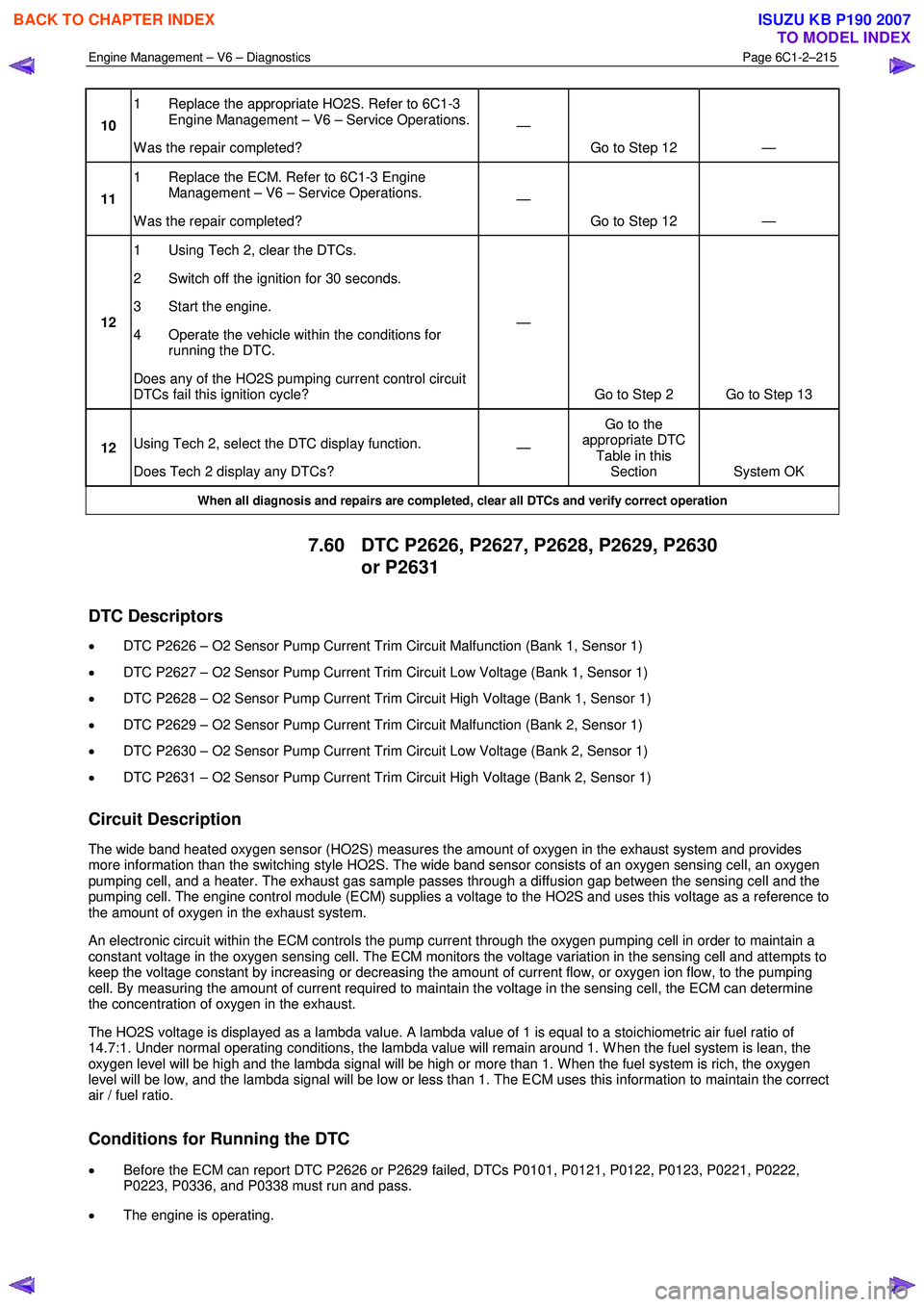 ISUZU KB P190 2007  Workshop Repair Manual Engine Management – V6 – Diagnostics Page 6C1-2–215 
 
10 1  Replace the appropriate HO2S. Refer to 6C1-3 
Engine Management – V6 – Service Operations.
W as the repair completed?  — 
Go to