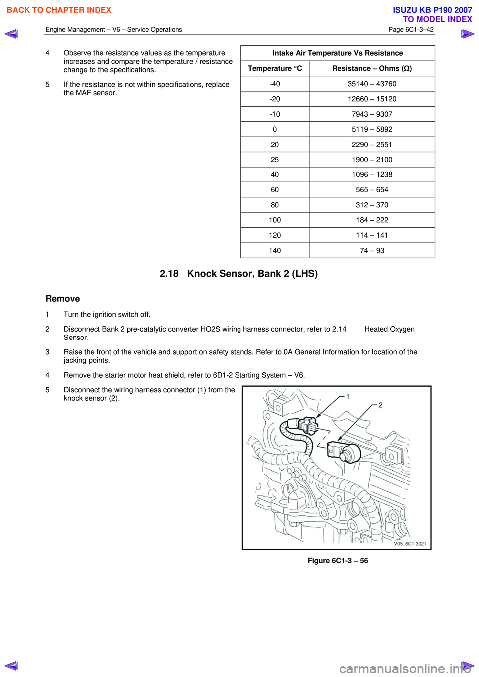 ISUZU KB P190 2007  Workshop Repair Manual Engine Management – V6 – Service Operations Page 6C1-3–42 
 
4  Observe the resistance values as the temperature 
increases and compare the temperature / resistance  
change to the specification