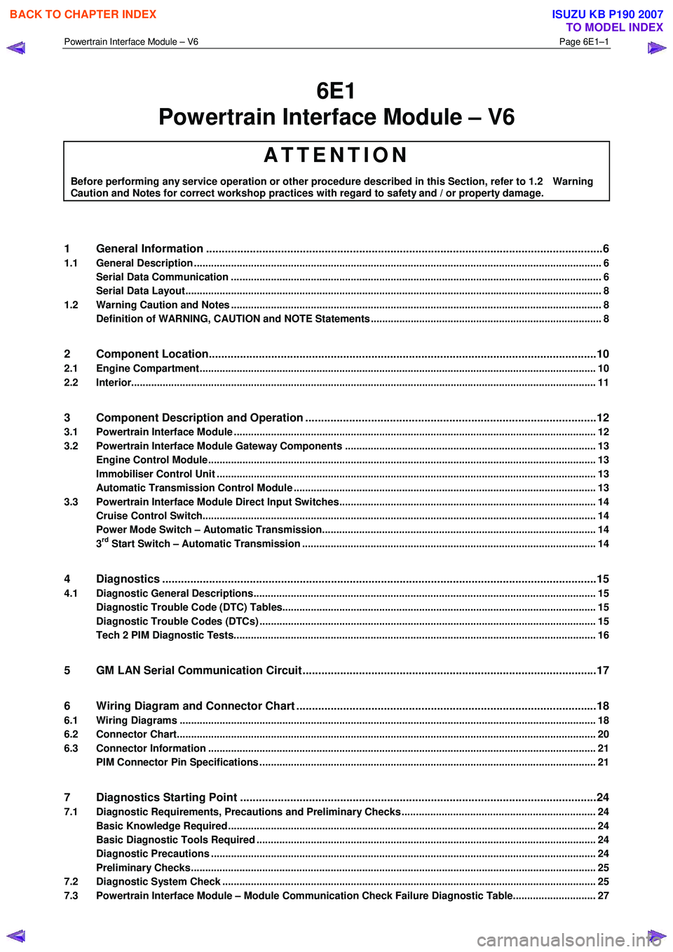 ISUZU KB P190 2007  Workshop Repair Manual Powertrain Interface Module – V6 Page 6E1–1 
 
6E1 
Powertrain Interface Module – V6 
ATTENTION 
Before performing any service operation or other procedure described in this Section, refer to 1.