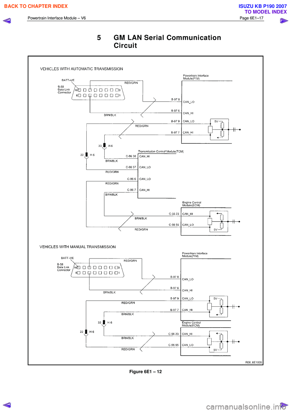 ISUZU KB P190 2007  Workshop Repair Manual Powertrain Interface Module – V6 Page 6E1–17 
 
5  GM LAN Serial Communication 
Circuit 
 
Figure 6E1 – 12 
 
BACK TO CHAPTER INDEX
TO MODEL INDEX
ISUZU KB P190 2007 