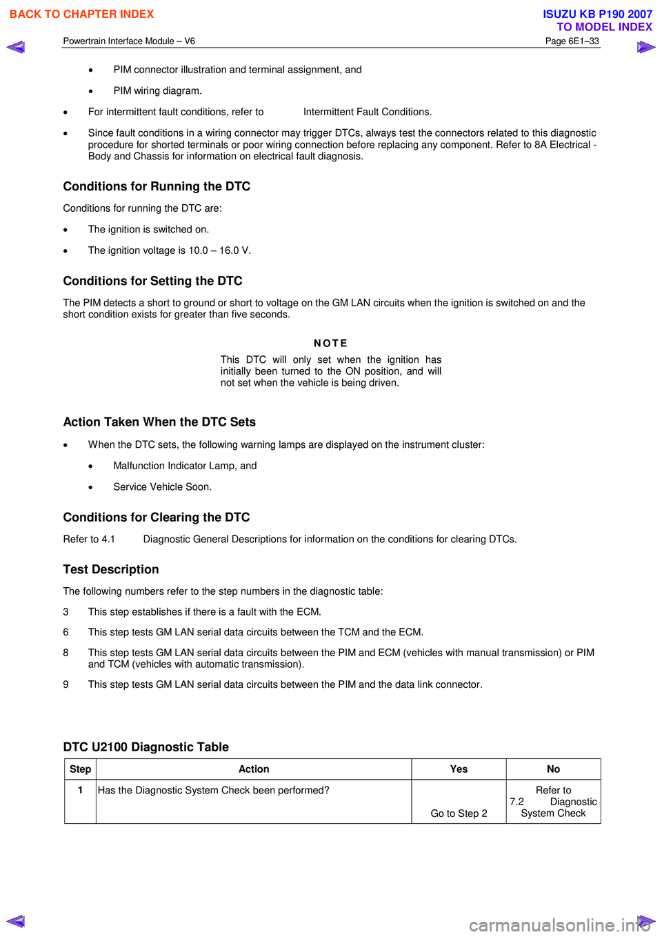 ISUZU KB P190 2007  Workshop Repair Manual Powertrain Interface Module – V6 Page 6E1–33 
 
• PIM connector illustration and terminal assignment, and  
•  PIM wiring diagram. 
•  For intermittent fault conditions, refer to   Intermitt