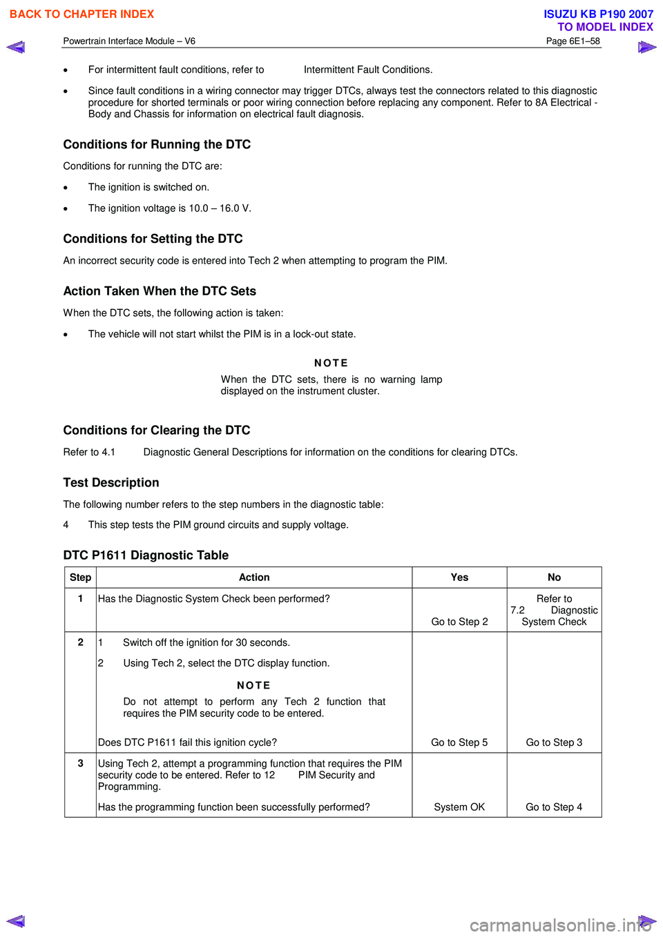 ISUZU KB P190 2007  Workshop Repair Manual Powertrain Interface Module – V6 Page 6E1–58 
 
• For intermittent fault conditions, refer to   Intermittent Fault Conditions. 
•  Since fault conditions in a wiring connector may trigger DTCs