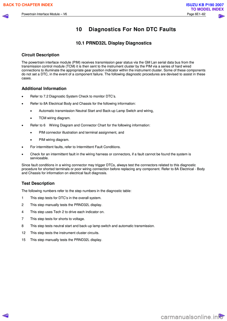 ISUZU KB P190 2007  Workshop Repair Manual Powertrain Interface Module – V6 Page 6E1–62 
 
10  Diagnostics For Non DTC Faults 
10.1 PRND32L Display Diagnostics 
Circuit Description 
The powertrain interface module (PIM) receives transmissi