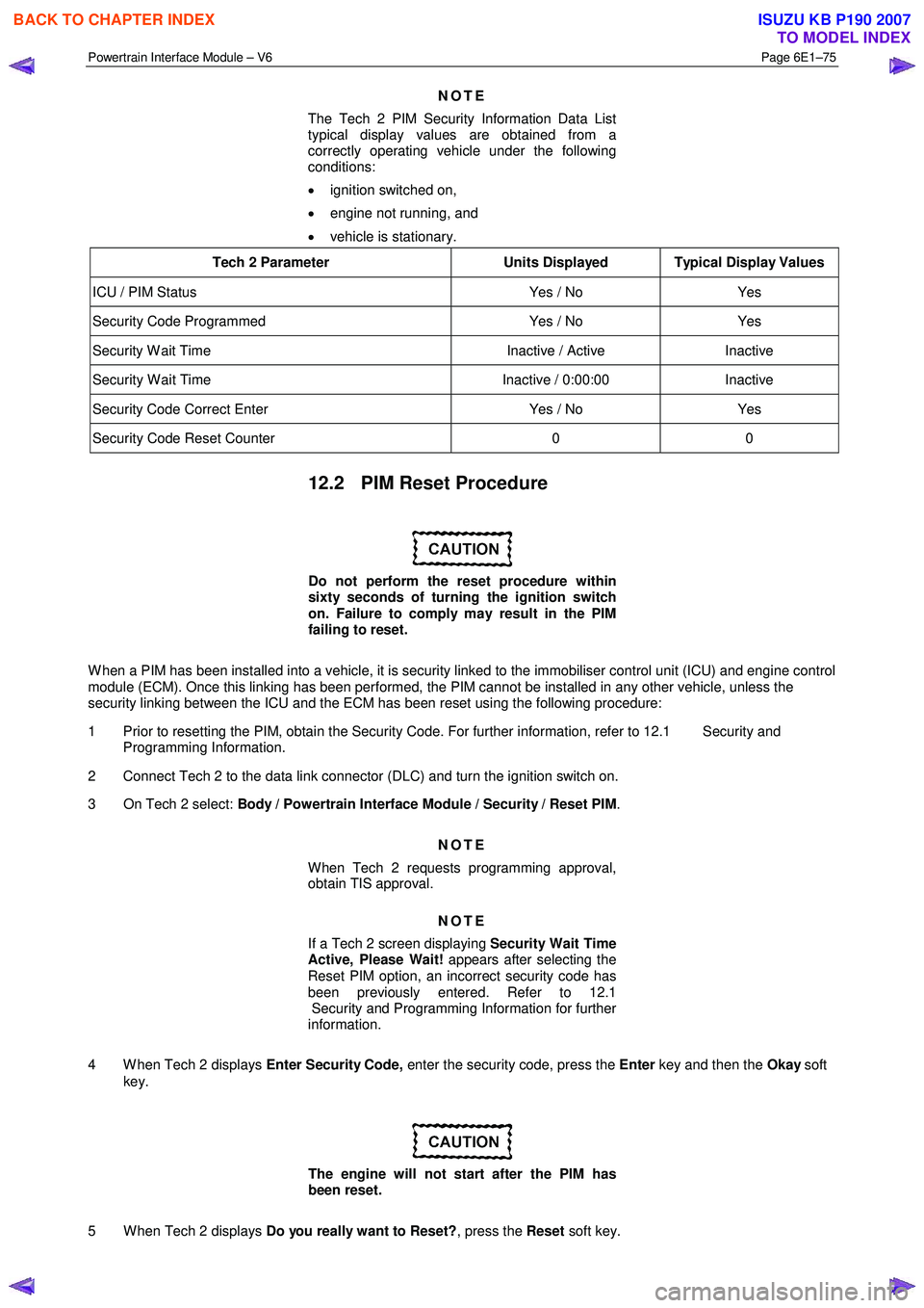 ISUZU KB P190 2007  Workshop Repair Manual Powertrain Interface Module – V6 Page 6E1–75 
 
NOTE 
The Tech 2 PIM Security Information Data List  
typical display values are obtained from a  
correctly operating vehicle under the following  