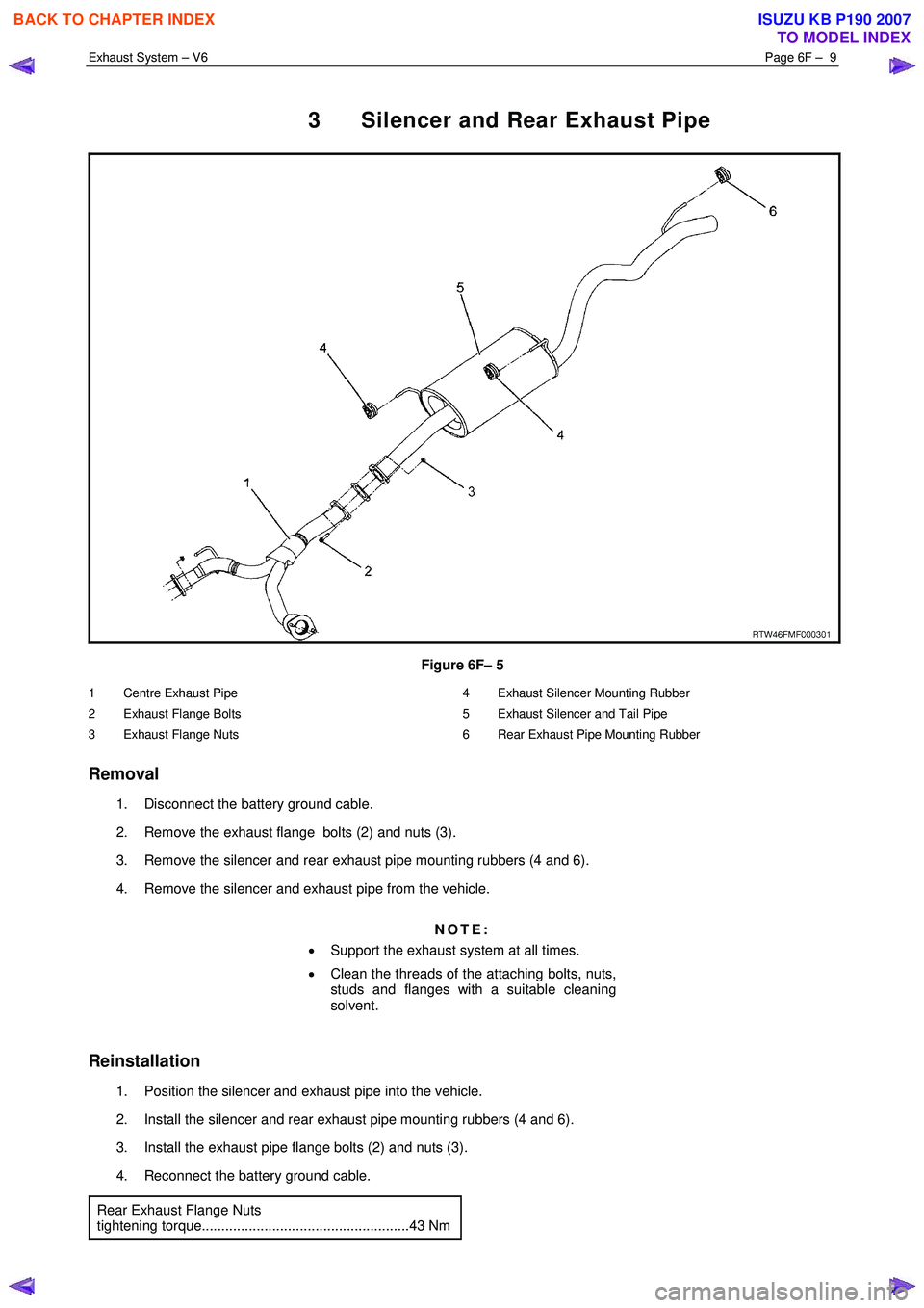 ISUZU KB P190 2007 Workshop Repair Manual Exhaust System – V6 Page 6F – 9
3 Silencer and Rear Exhaust Pipe
Figure 6F– 5
1 Centre Exhaust Pipe
2 Exhaust Flange Bolts
3 Exhaust Flange Nuts 4 Exhaust Silencer Mounting Rubb ISUZU KB P190 2007 Workshop Repair Manual Exhaust System – V6 Page 6F – 9
3 Silencer and Rear Exhaust Pipe
Figure 6F– 5
1 Centre Exhaust Pipe
2 Exhaust Flange Bolts
3 Exhaust Flange Nuts 4 Exhaust Silencer Mounting Rubb