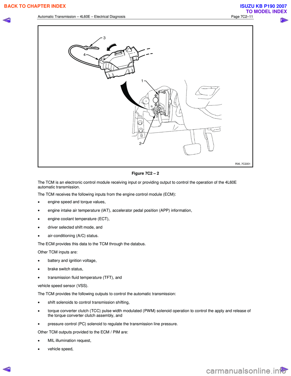 ISUZU KB P190 2007  Workshop Repair Manual Automatic Transmission – 4L60E – Electrical Diagnosis  Page 7C2–11 
 
Figure 7C2 – 2 
The TCM is an electronic control module receiving input or providing output to control the operation of th