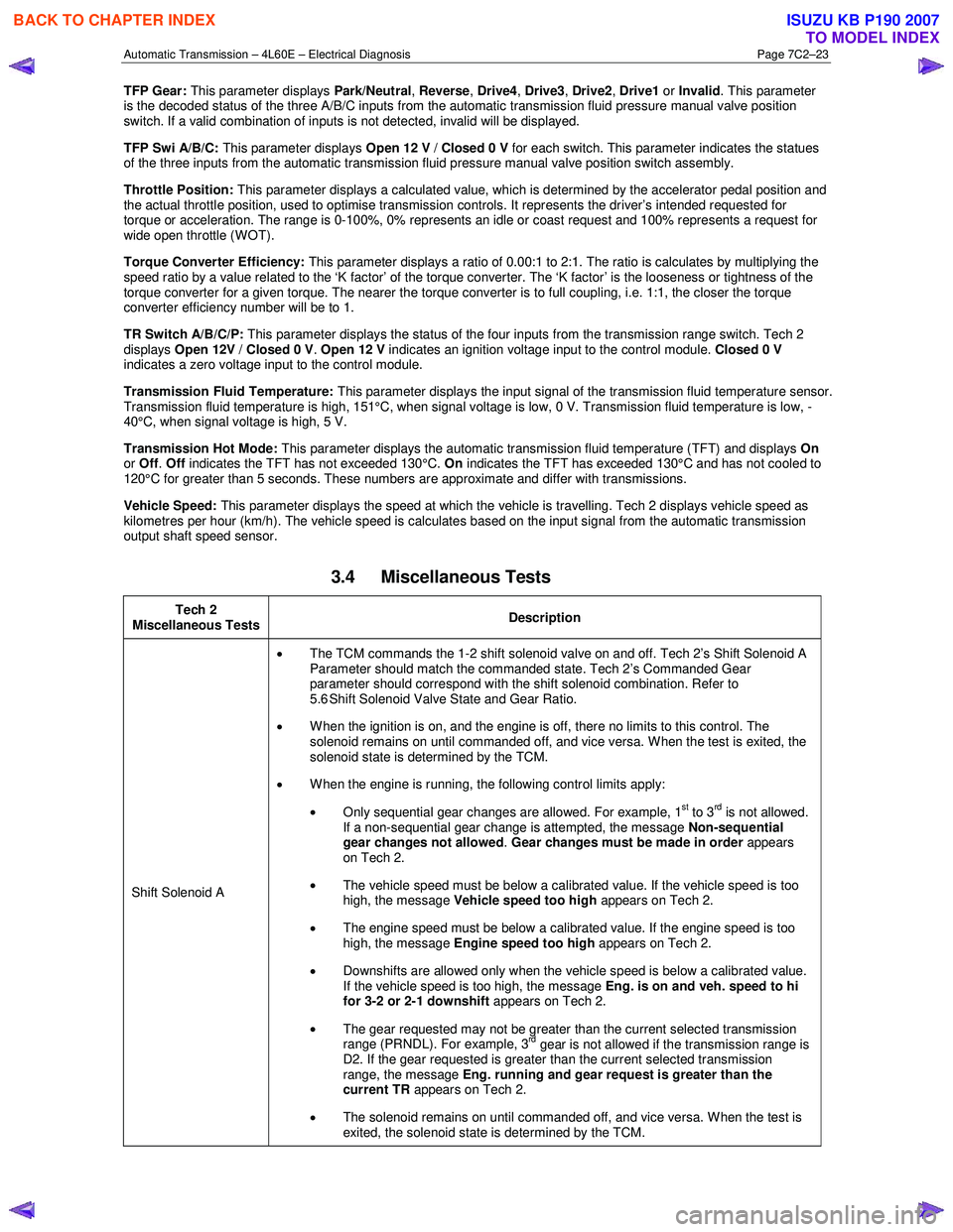 ISUZU KB P190 2007  Workshop Repair Manual Automatic Transmission – 4L60E – Electrical Diagnosis  Page 7C2–23 
TFP Gear: This parameter displays  Park/Neutral, Reverse , Drive4 , Drive3 , Drive2 , Drive1  or Invalid . This parameter 
is 