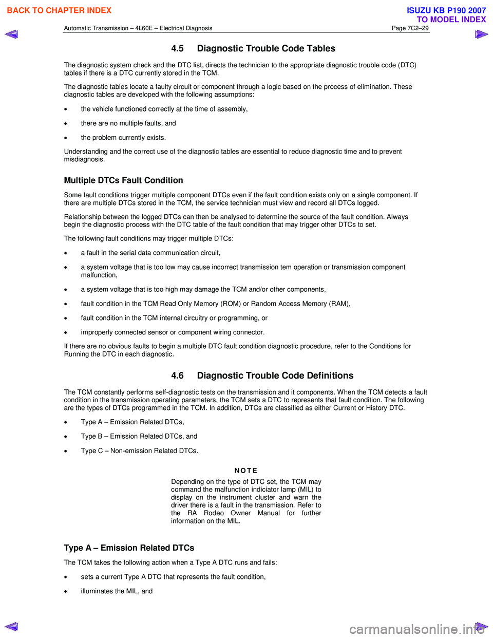ISUZU KB P190 2007  Workshop Repair Manual Automatic Transmission – 4L60E – Electrical Diagnosis  Page 7C2–29 
4.5  Diagnostic Trouble Code Tables 
The diagnostic system check and the DTC list, directs the technician to the appropriate d