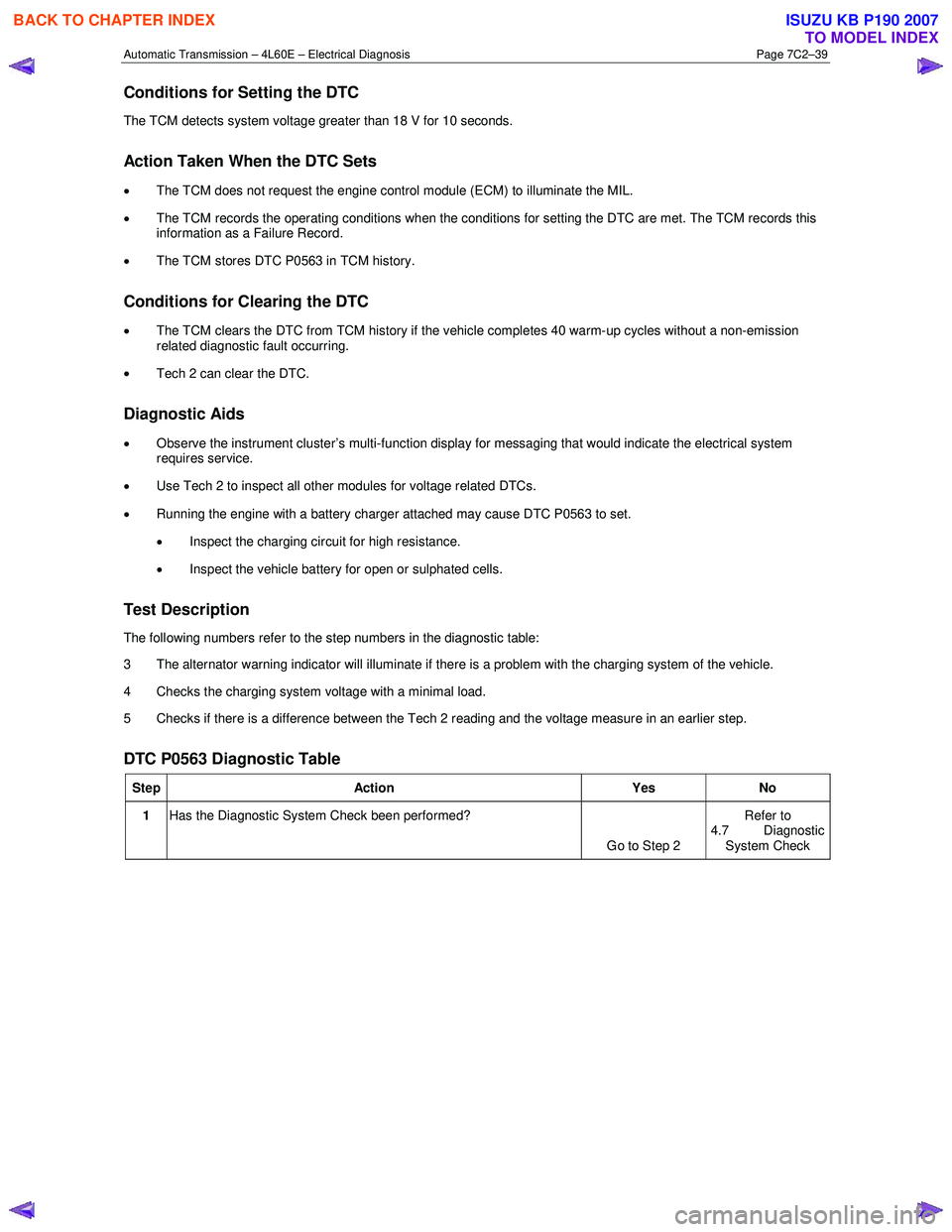ISUZU KB P190 2007  Workshop Repair Manual Automatic Transmission – 4L60E – Electrical Diagnosis  Page 7C2–39 
Conditions for Setting the DTC 
The TCM detects system voltage greater than 18 V for 10 seconds. 
Action Taken When the DTC Se