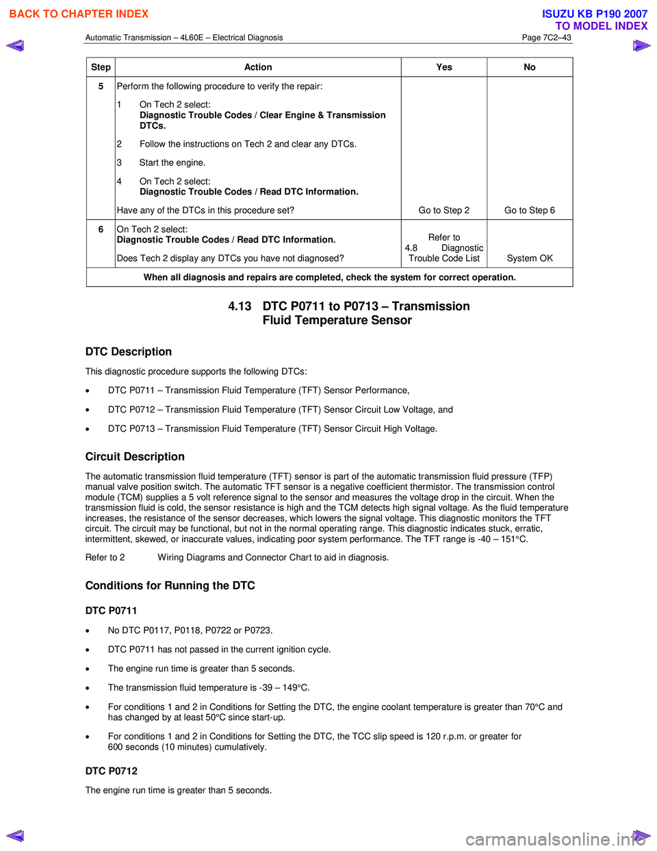 ISUZU KB P190 2007  Workshop Repair Manual Automatic Transmission – 4L60E – Electrical Diagnosis  Page 7C2–43 
Step Action  Yes No 
5 Perform the following procedure to verify the repair:  
1  On Tech 2 select:  Diagnostic Trouble Codes 
