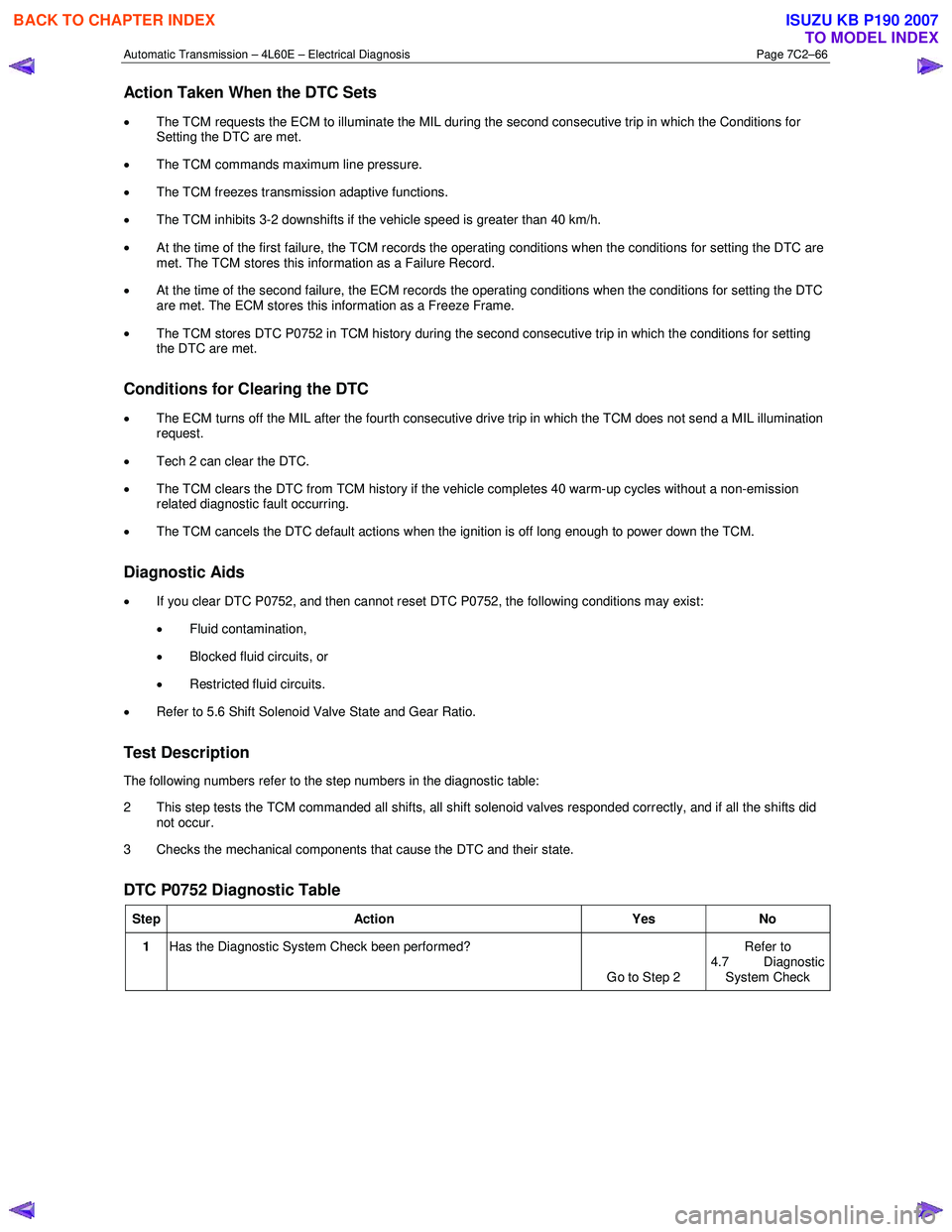 ISUZU KB P190 2007  Workshop Repair Manual Automatic Transmission – 4L60E – Electrical Diagnosis  Page 7C2–66 
Action Taken When the DTC Sets 
• The TCM requests the ECM to illuminate the MIL during the second consecutive trip in which