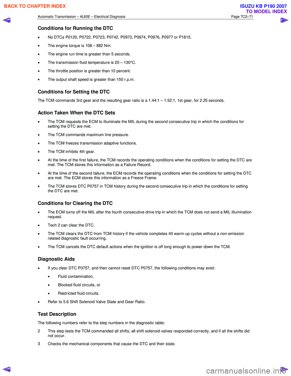 ISUZU KB P190 2007  Workshop Repair Manual Automatic Transmission – 4L60E – Electrical Diagnosis  Page 7C2–71 
Conditions for Running the DTC 
• No DTCs P0120, P0722, P0723, P0742, P0973, P0974, P0976, P0977 or P1815. 
•  The engine 