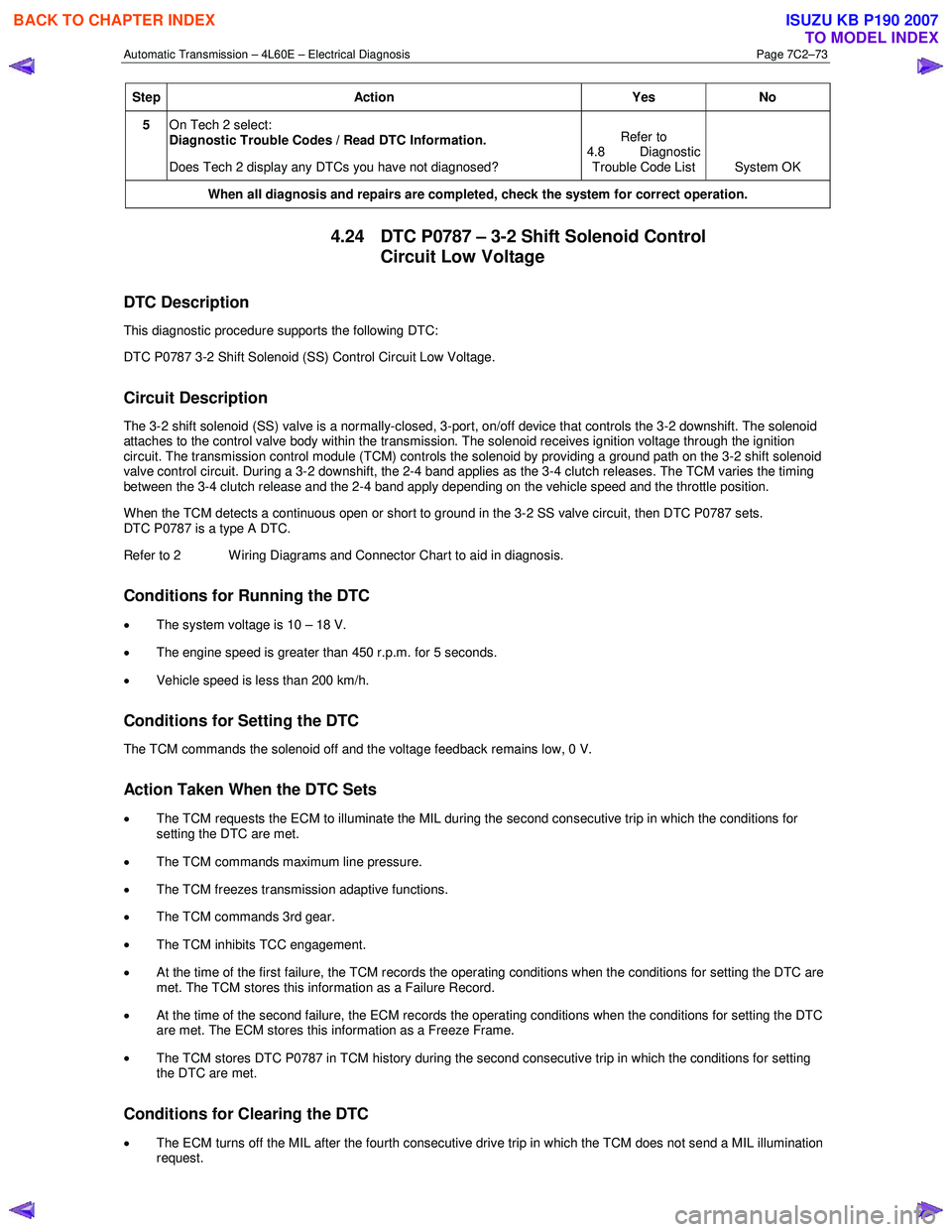 ISUZU KB P190 2007  Workshop Repair Manual Automatic Transmission – 4L60E – Electrical Diagnosis  Page 7C2–73 
Step Action  Yes No 
5 On Tech 2 select:  
Diagnostic Trouble Codes / Read DTC Information.   
Does Tech 2 display any DTCs yo