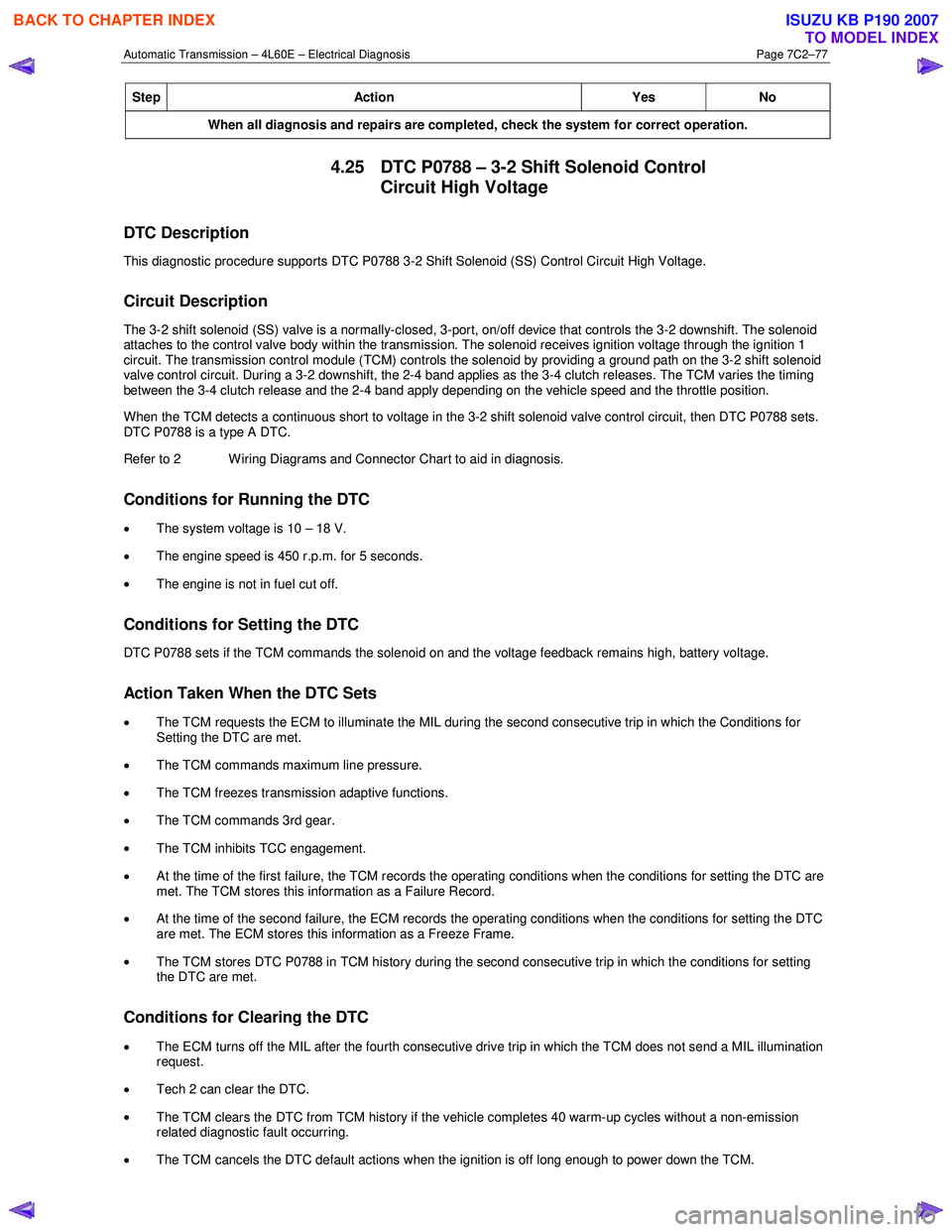ISUZU KB P190 2007  Workshop Repair Manual Automatic Transmission – 4L60E – Electrical Diagnosis  Page 7C2–77 
Step Action  Yes No 
When all diagnosis and repairs are completed, check the system for correct operation. 
4.25  DTC P0788 