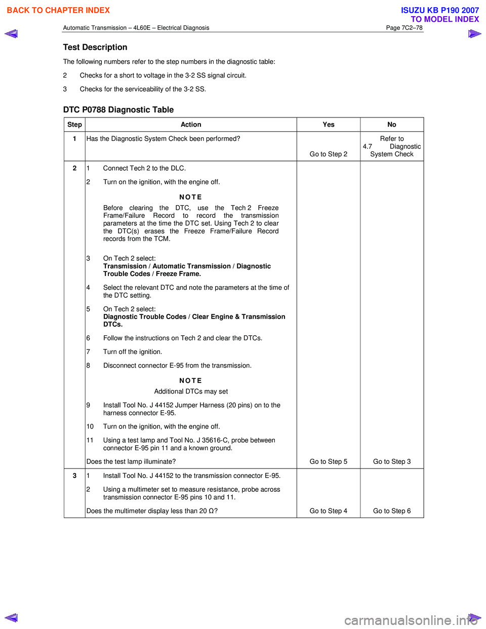 ISUZU KB P190 2007  Workshop Repair Manual Automatic Transmission – 4L60E – Electrical Diagnosis  Page 7C2–78 
Test Description 
The following numbers refer to the step numbers in the diagnostic table:  
2  Checks for a short to voltage 