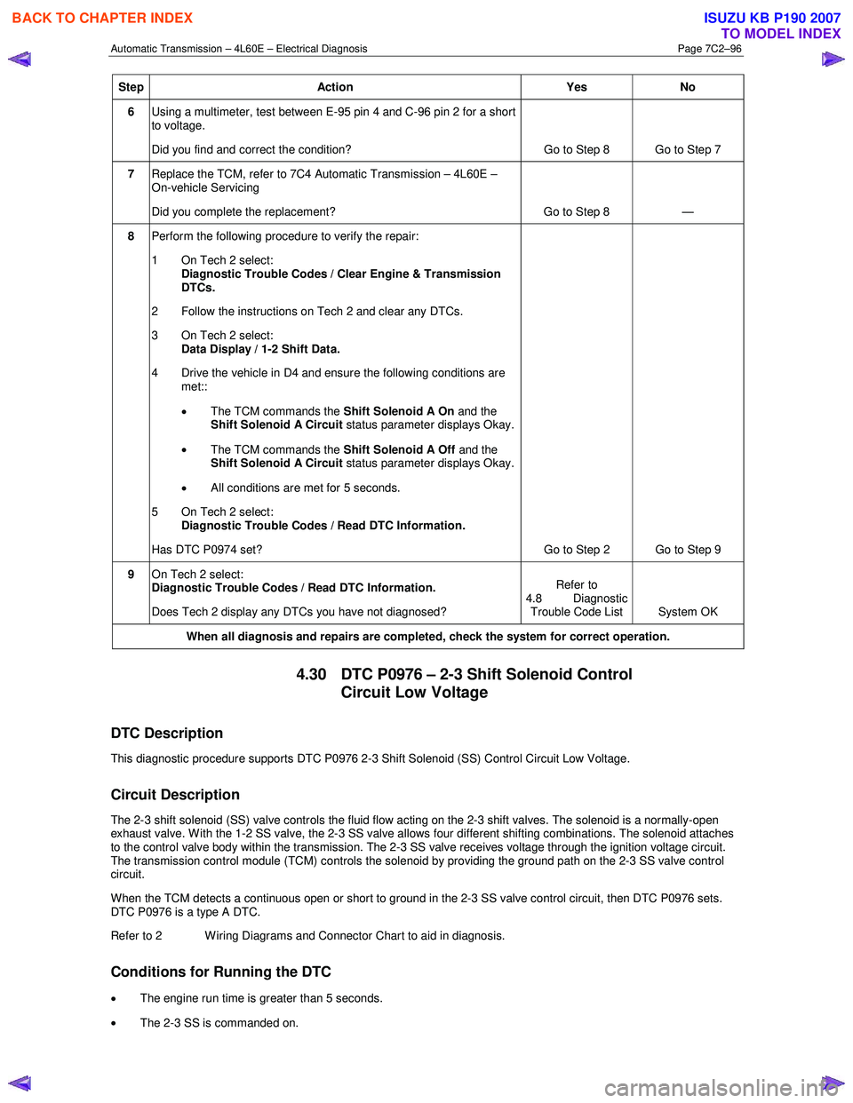 ISUZU KB P190 2007  Workshop Repair Manual Automatic Transmission – 4L60E – Electrical Diagnosis  Page 7C2–96 
Step Action  Yes No 
6 Using a multimeter, test between E-95 pin 4 and C-96 pin 2 for a short  
to voltage.  
Did you find and