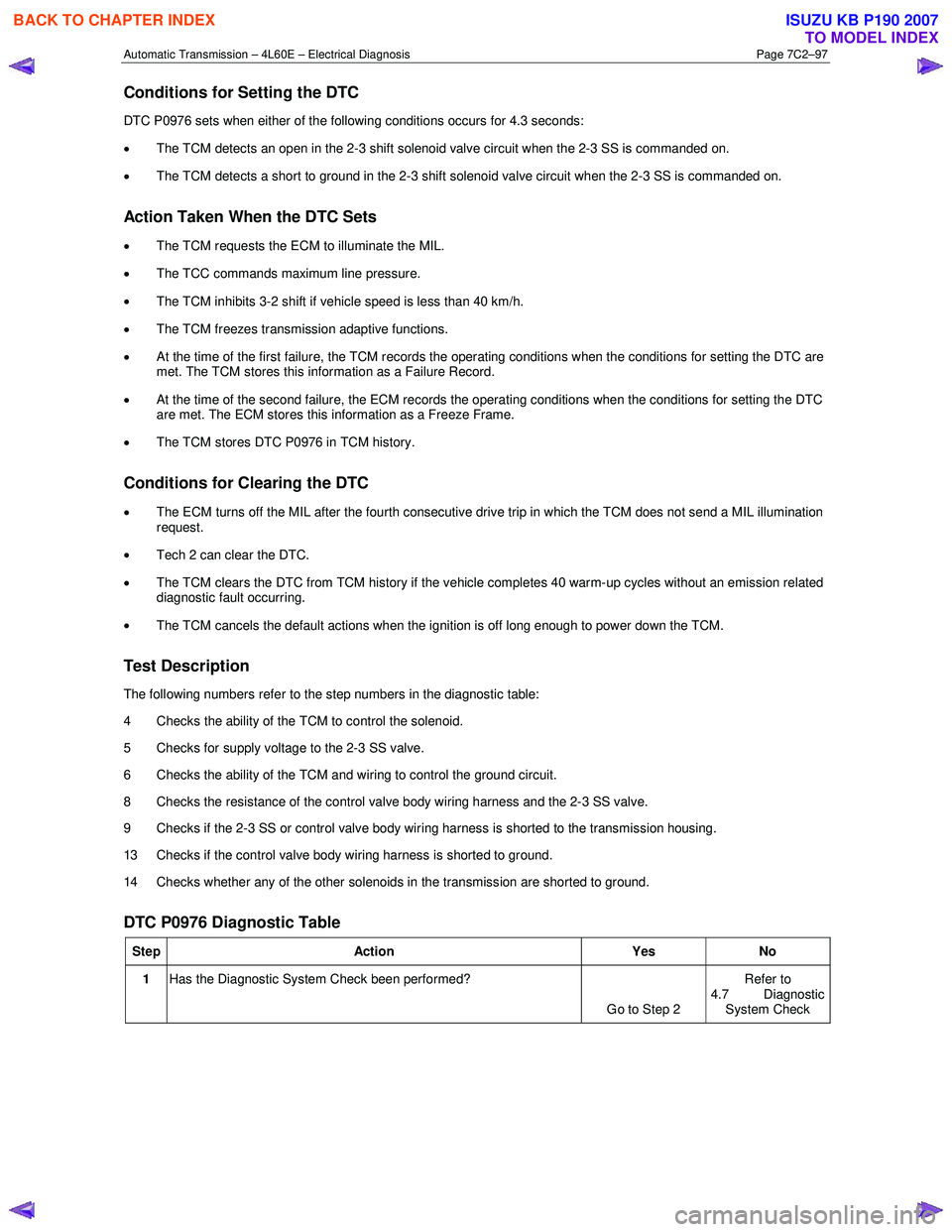ISUZU KB P190 2007  Workshop Repair Manual Automatic Transmission – 4L60E – Electrical Diagnosis  Page 7C2–97 
Conditions for Setting the DTC 
DTC P0976 sets when either of the following conditions occurs for 4.3 seconds:  
•  The TCM 